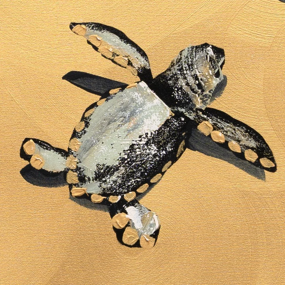 Stylized sea turtle painting with expressive brushwork and golden tones by New York City based painter Josh Brown.