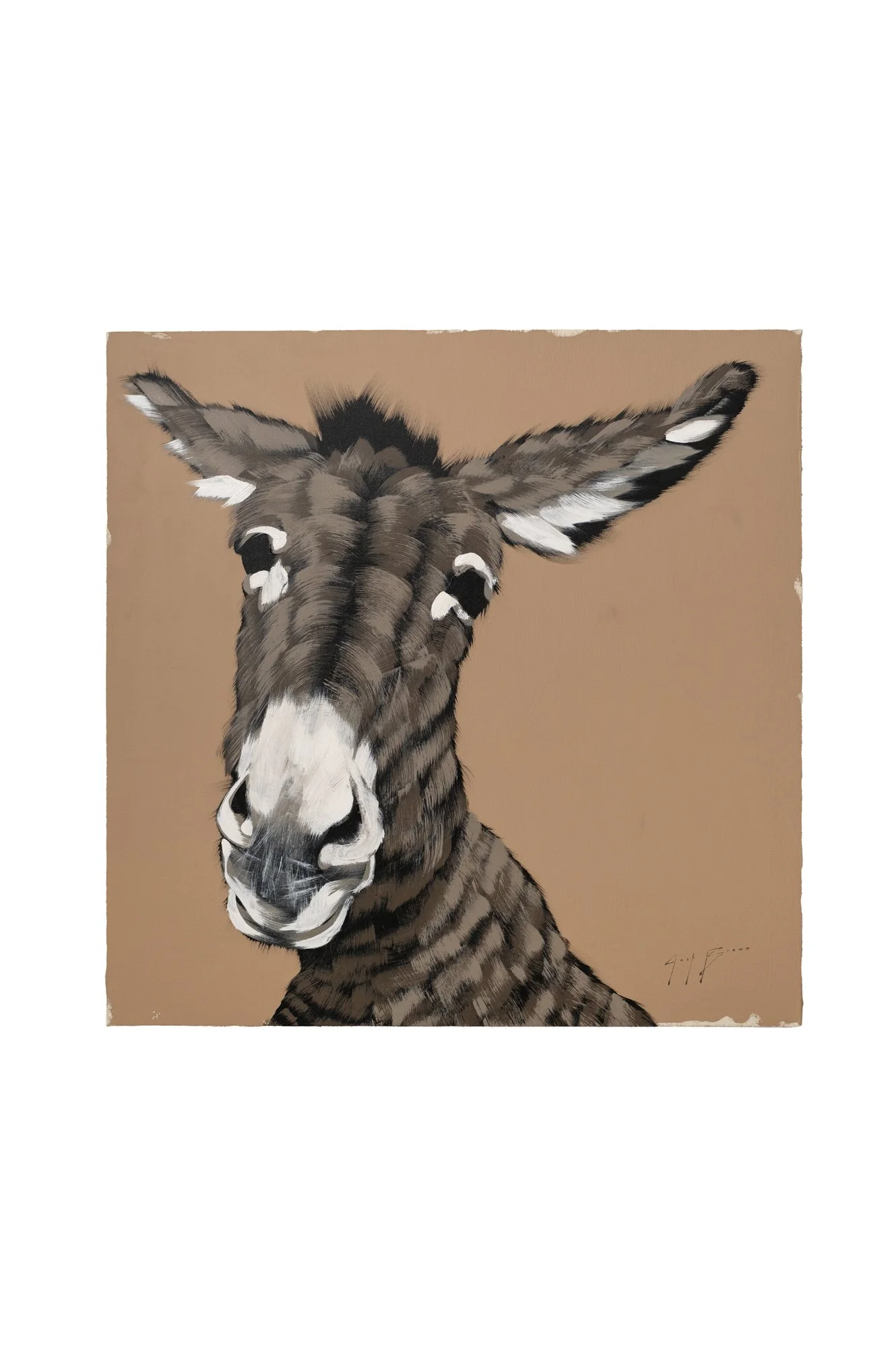 Painterly portrait of a donkey set against a warm terracotta background by Josh Brown.