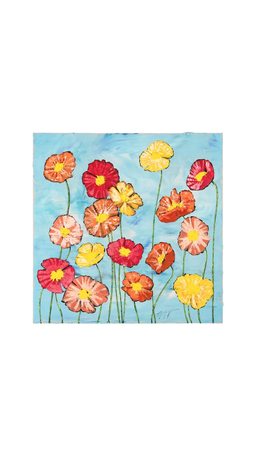 Original acrylic painting of colorful flowers on a bright sky-blue background by Josh Brown.