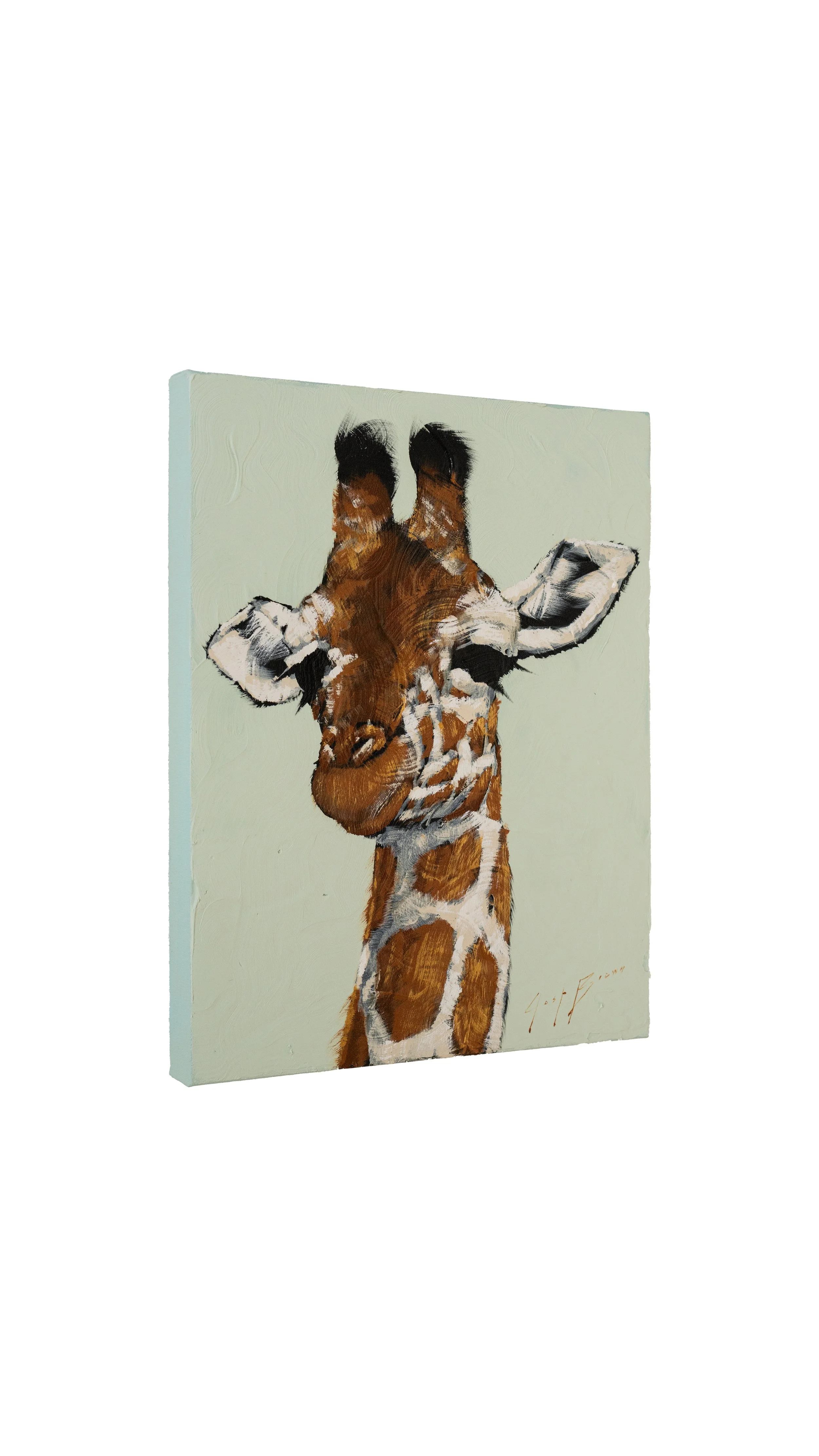 Expressive giraffe painting featuring gestural brushwork and a soft celadon ground by Josh Brown.
