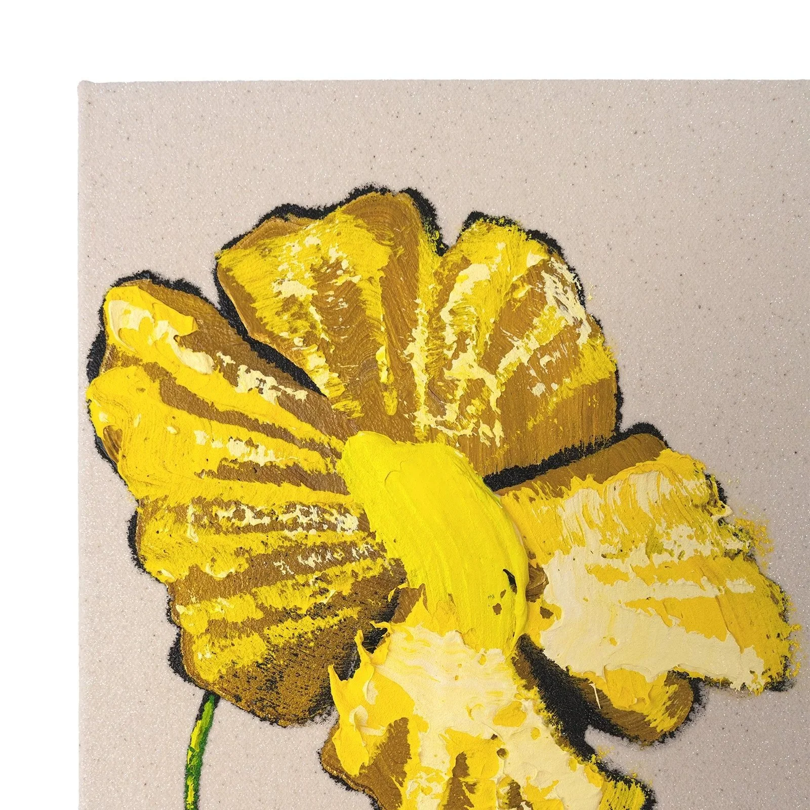 Textured contemporary flower painting with golden hues and organic movement by Josh Brown.