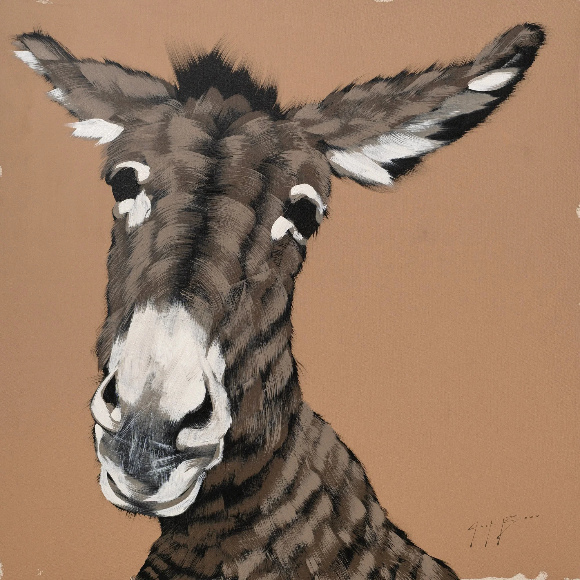 Original acrylic painting of a gray donkey set against a soft terracotta background, rendered with expressive, textured brushwork. Contemporary wildlife fine art for collectors seeking refined, modern paintings.