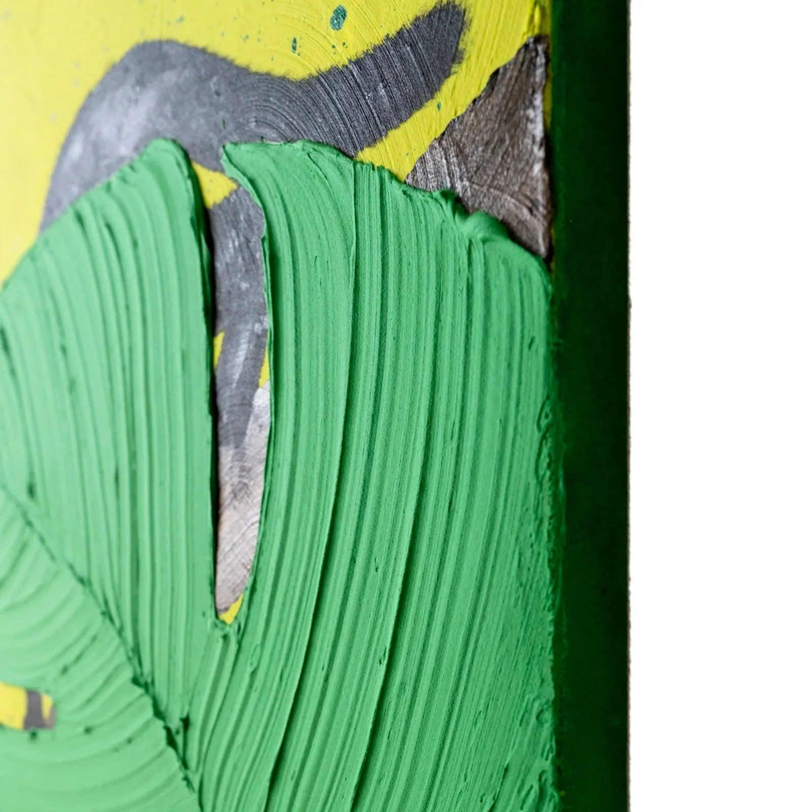 Zoomed-in section of thick acrylic brushwork forming oversized tropical leaves in a contemporary wildlife artwork by Josh Brown.