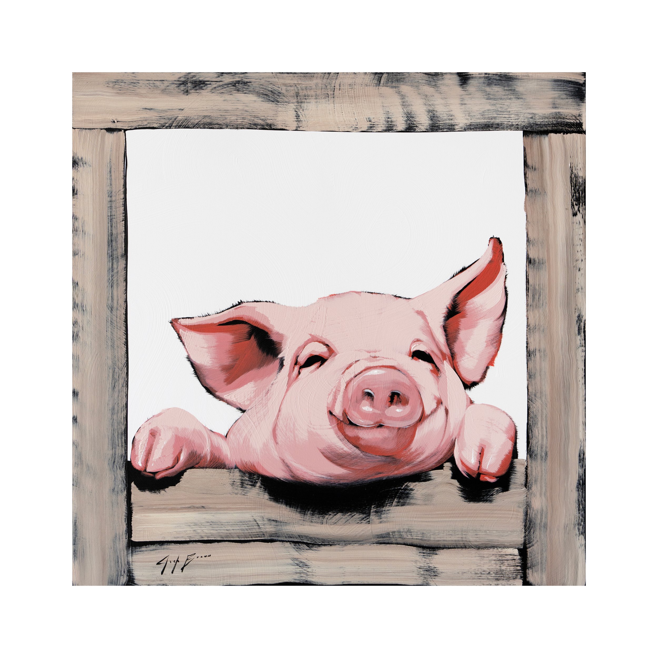Painterly portrait of a pink pig leaning forward through a wooden opening by Josh Brown.