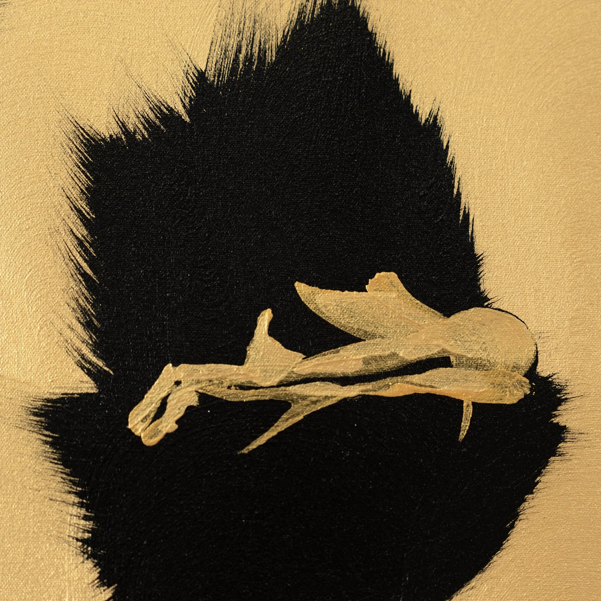 Close-up emphasizing high contrast between matte black forms and warm metallic gold tones in an ostrich face by Josh Brown.