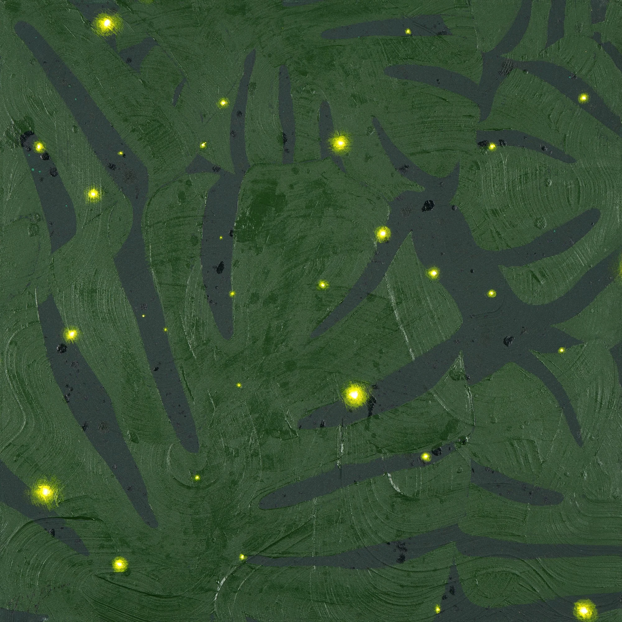 An acrylic painting of fireflies in thick gestural passages of paint in shades of dark green with glowing fireflies by New York City based painter Josh Brown.