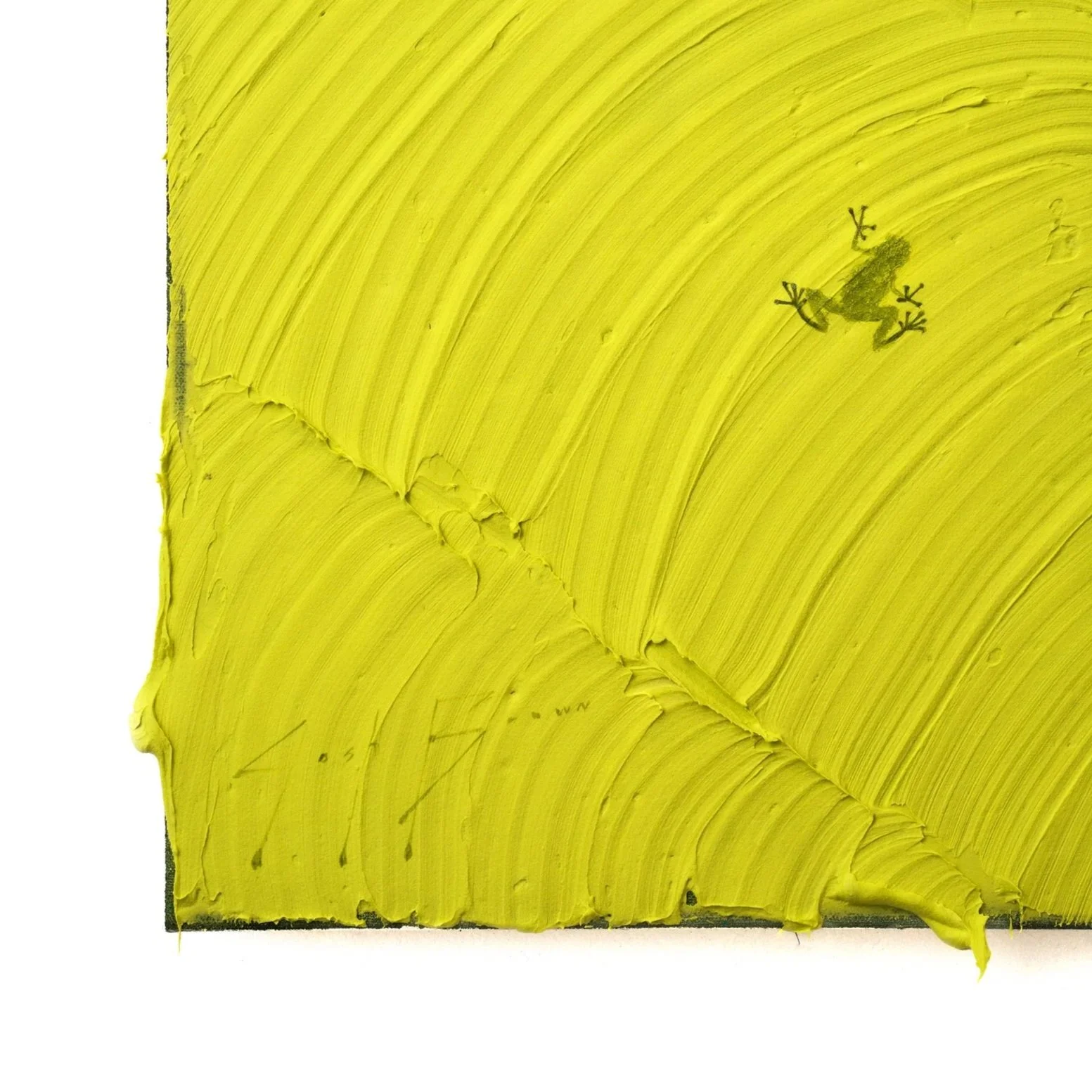Detail crop highlighting sculptural acrylic texture and subtle green frogs beneath vibrant yellow paint by Josh Brown.
