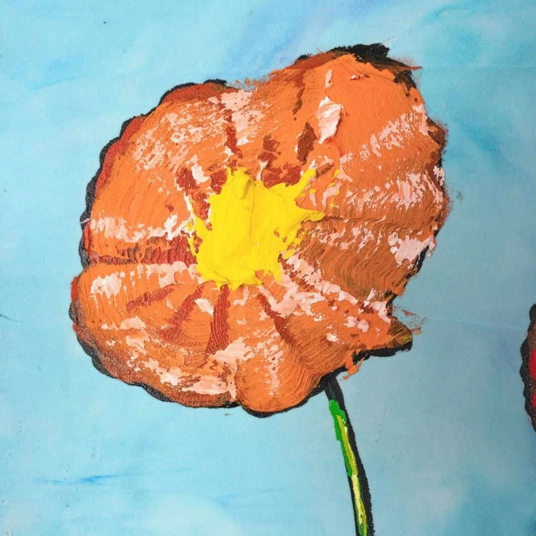 Collectible modern artwork featuring stylized flowers rising against a sky-blue background by Josh Brown.