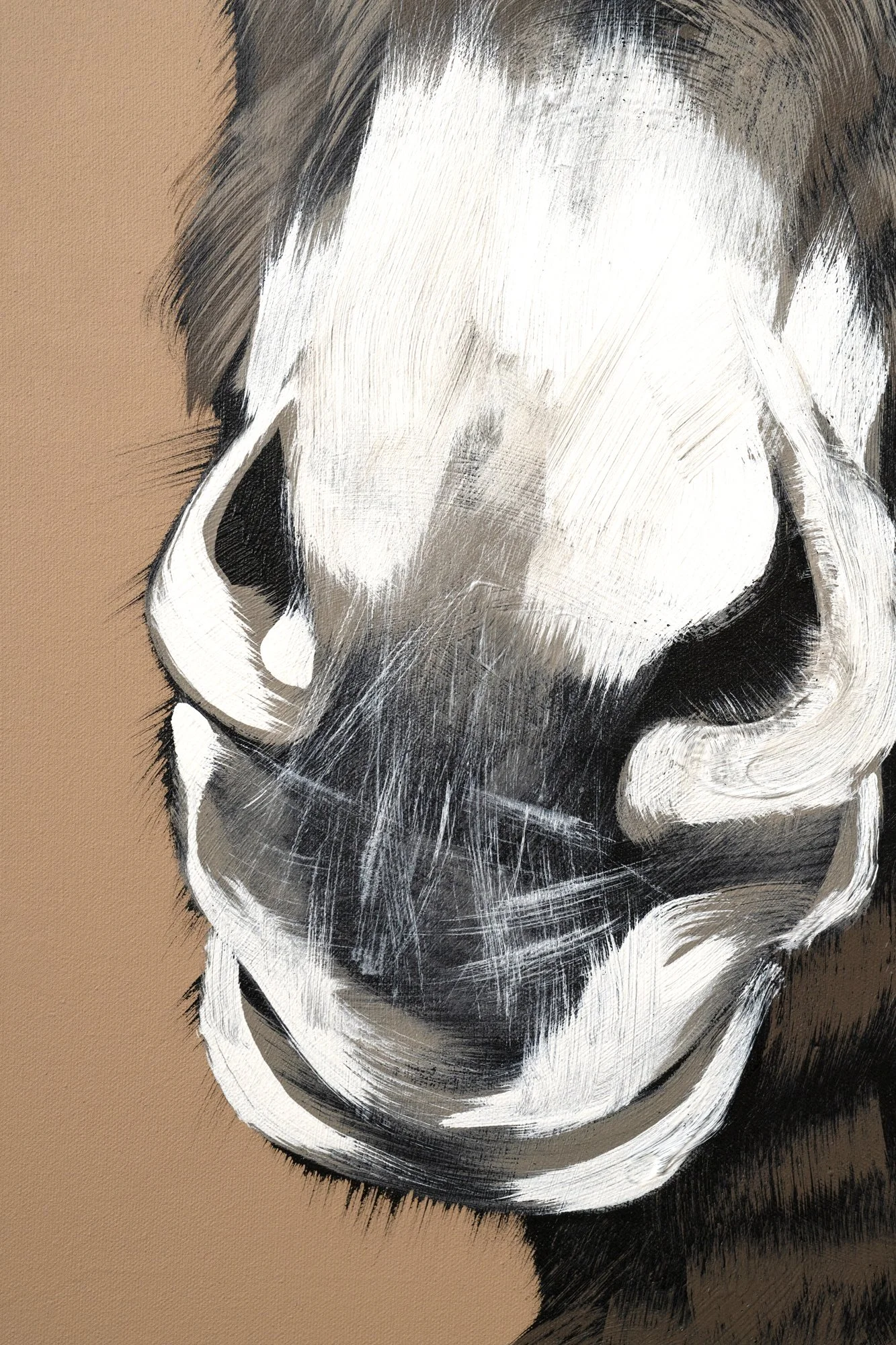 Expressive acrylic painting of a donkey on a softly textured terracotta ground by Josh Brown.