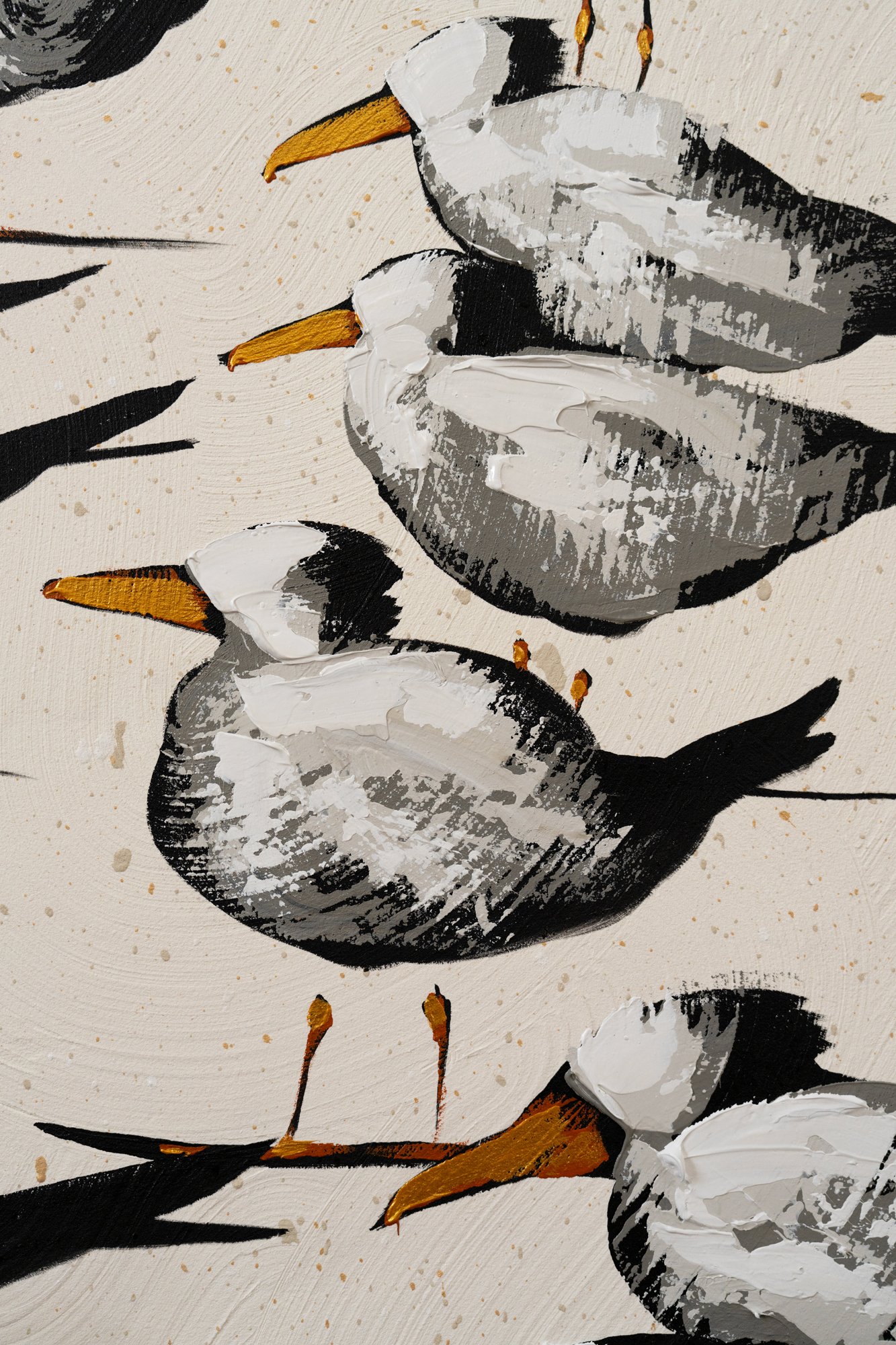 Minimalist beach bird painting with graphic black, white, and ochre tones by New York City based artist Josh Brown.