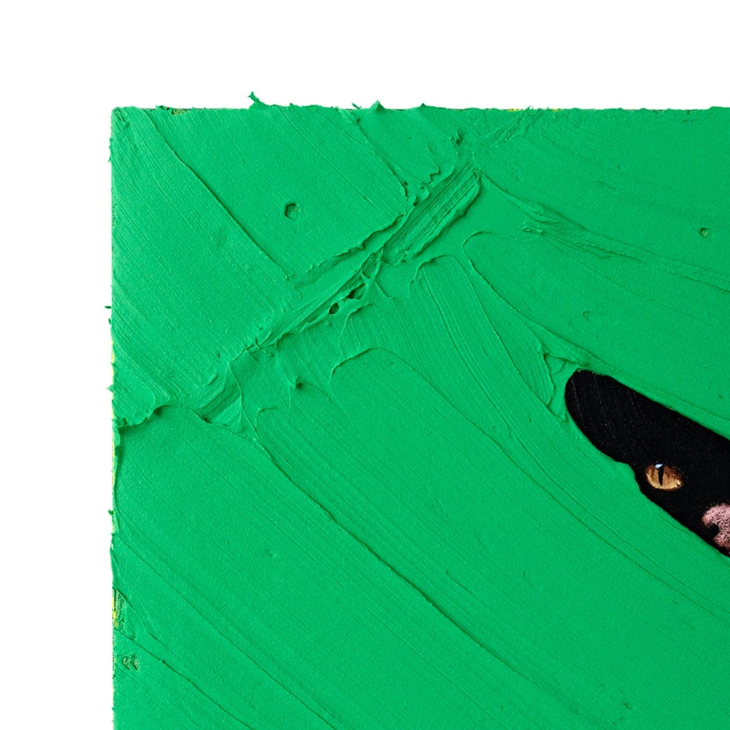 Detail crop highlighting heavy impasto leaf textures in a modern wildlife painting with black panthers concealed in foliage.