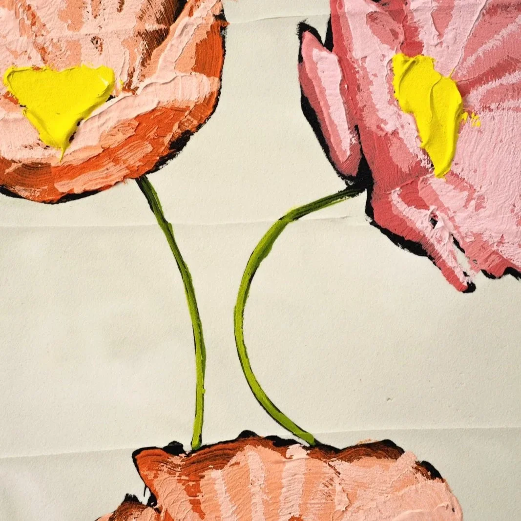 Minimalist botanical painting featuring abstracted flowers in soft pastel tones by Josh Brown.