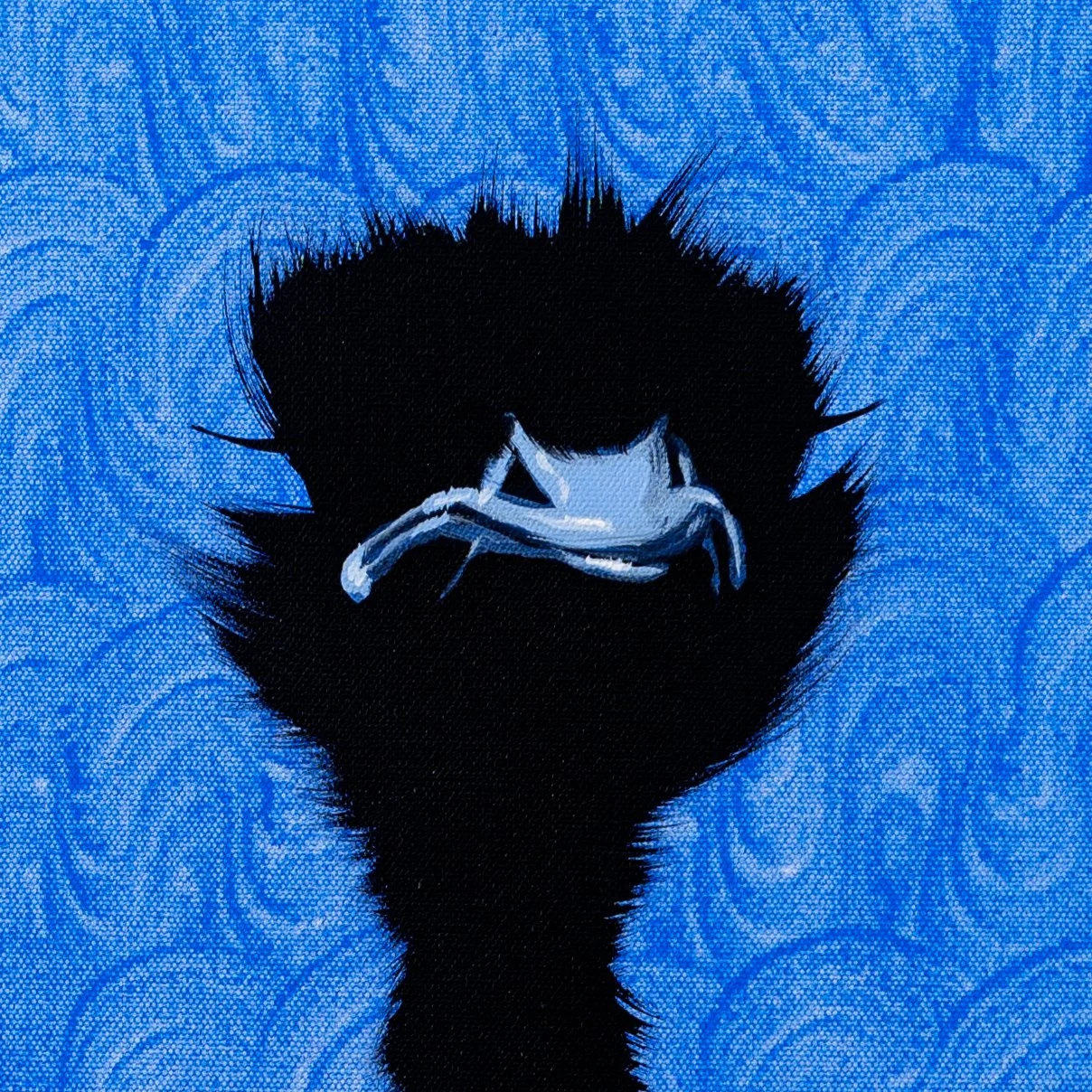 Zoomed-in view of a stylized ostrich form perched atop a dark ostrich figure in a minimalist animal painting by Josh Brown.