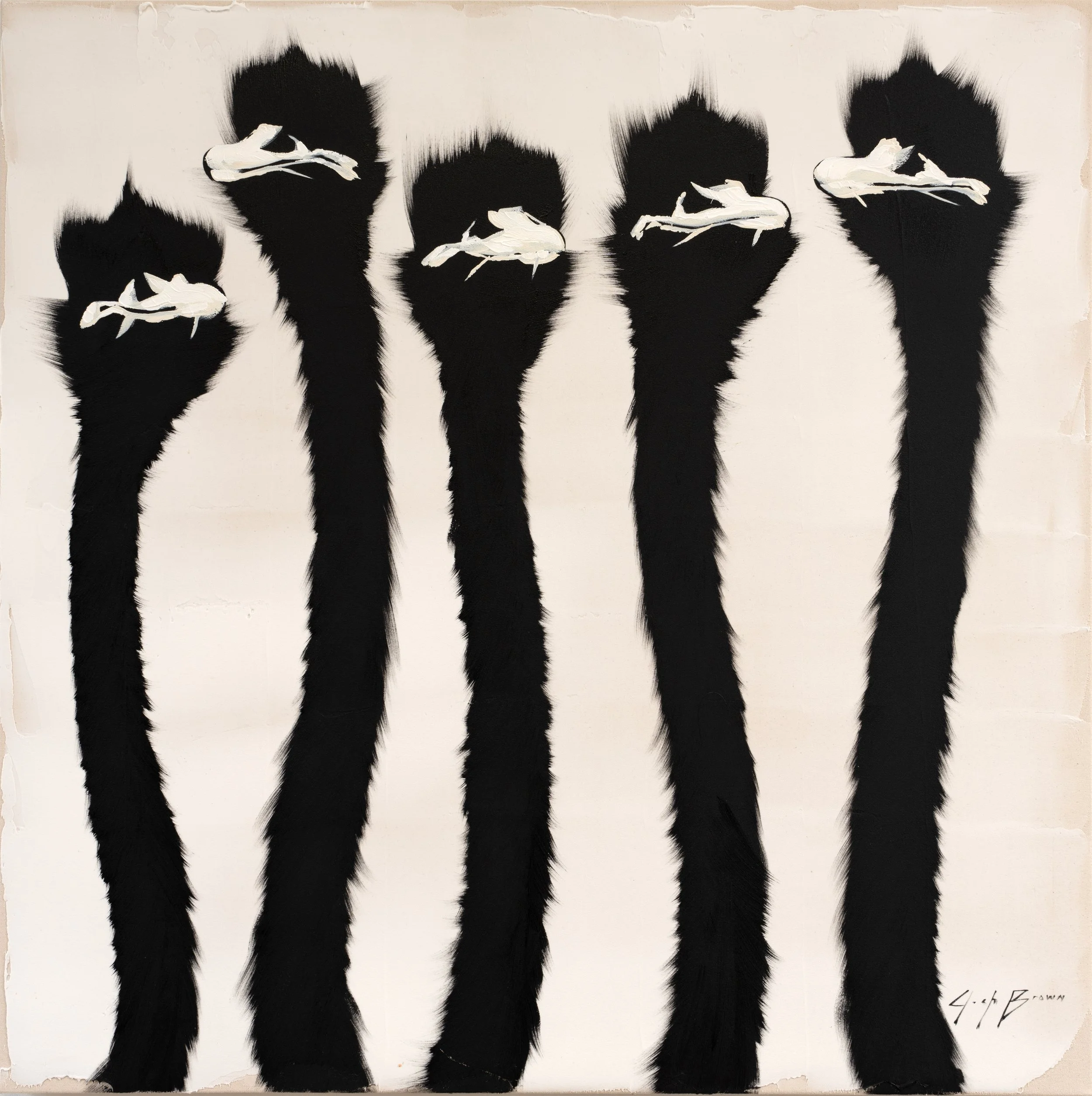 Original acrylic painting of four elongated ostrich necks on a white background, rendered with minimalist composition and expressive texture. Contemporary wildlife fine art created with archival materials for collectors seeking refined, high-end art.