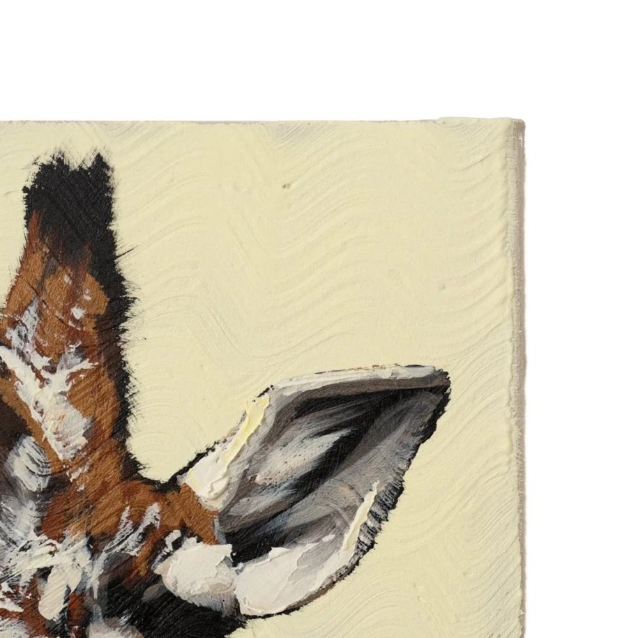 Expressive acrylic giraffe painting set against a light, buttery yellow background by Josh Brown.