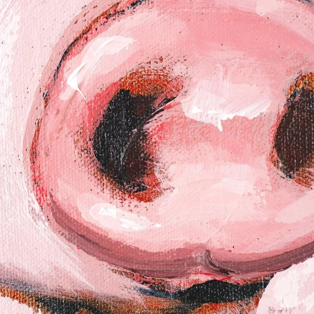 Contemporary pig portrait blending humor and realism in a modern fine art style zoomed in on the nose by Josh Brown.