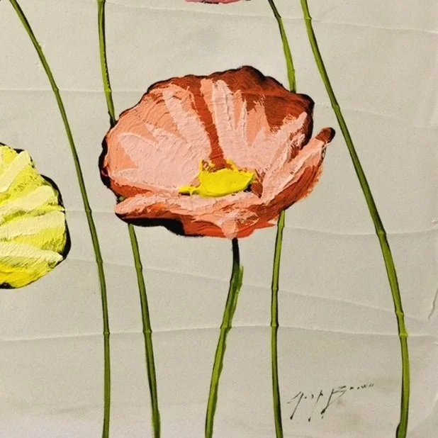 Contemporary flower painting featuring stylized pink and yellow blooms on a neutral ground by Josh Brown.