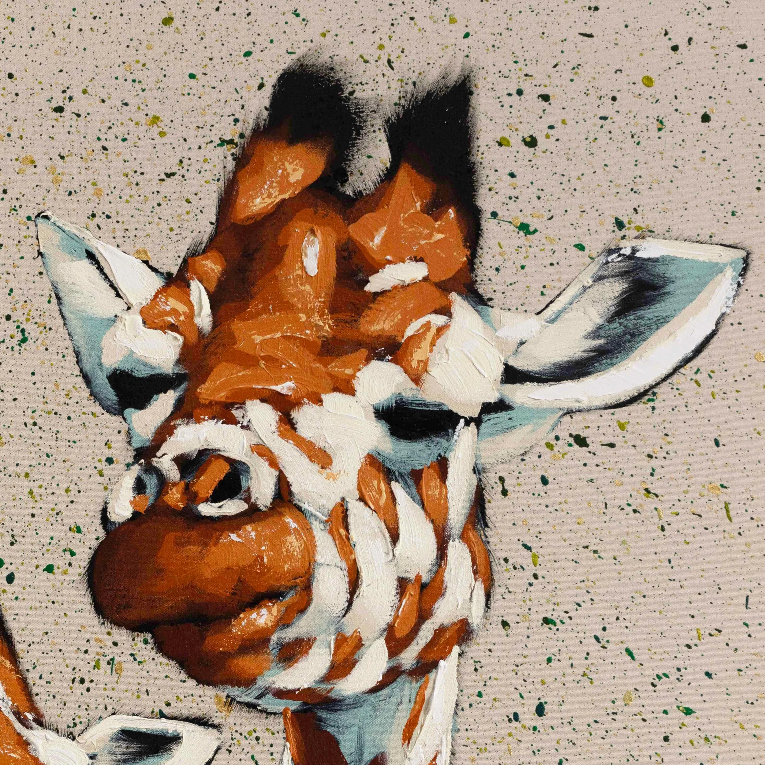 Detail of a giraffe necks rendered with bold, gestural acrylic strokes by Josh Brown.