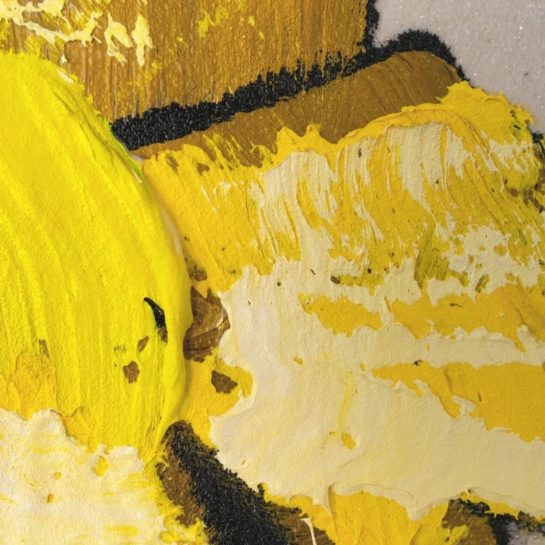 Collectible modern artwork featuring stylized yellow blossoms on a muted ground by Josh Brown.