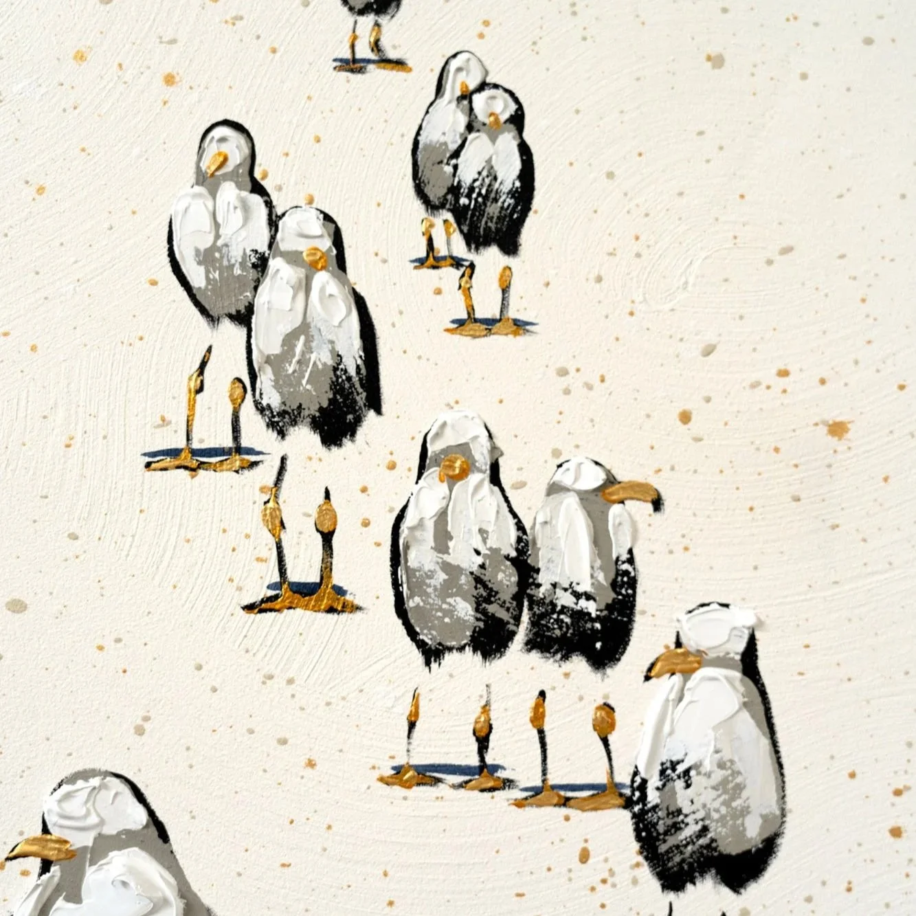 Contemporary coastal wall art featuring stylized seagulls in a wide, open composition by Josh Brown.