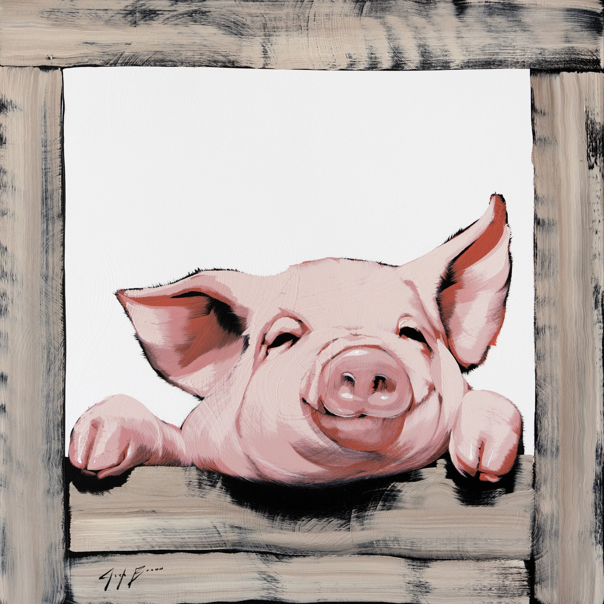 Original acrylic painting of a cheerful pink pig peeking through a rustic window, rendered with expressive brushwork. Contemporary animal fine art for modern collectors.