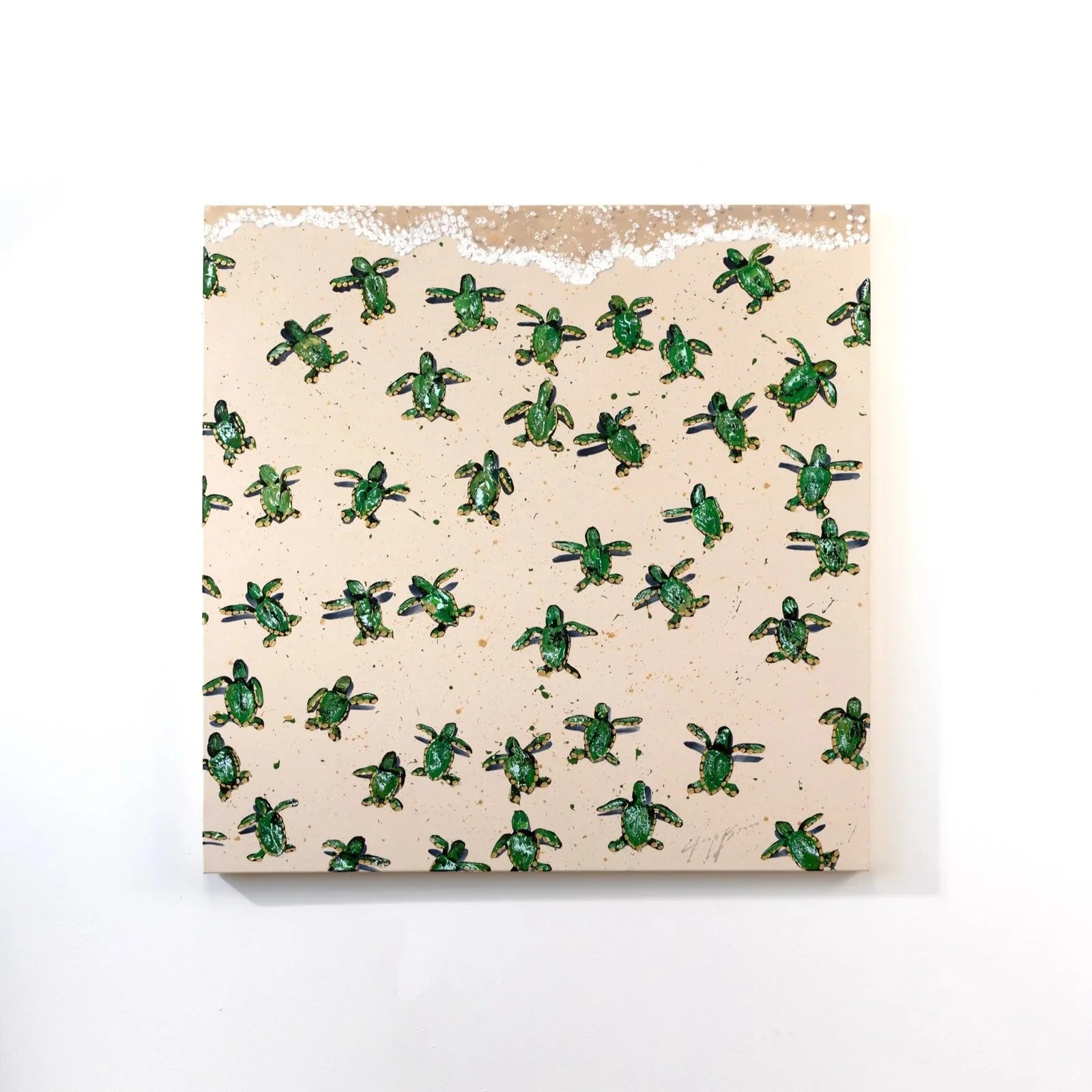 Contemporary painting of small green sea turtles scattered across a sandy beach background by New York City based artist Josh Brown.
