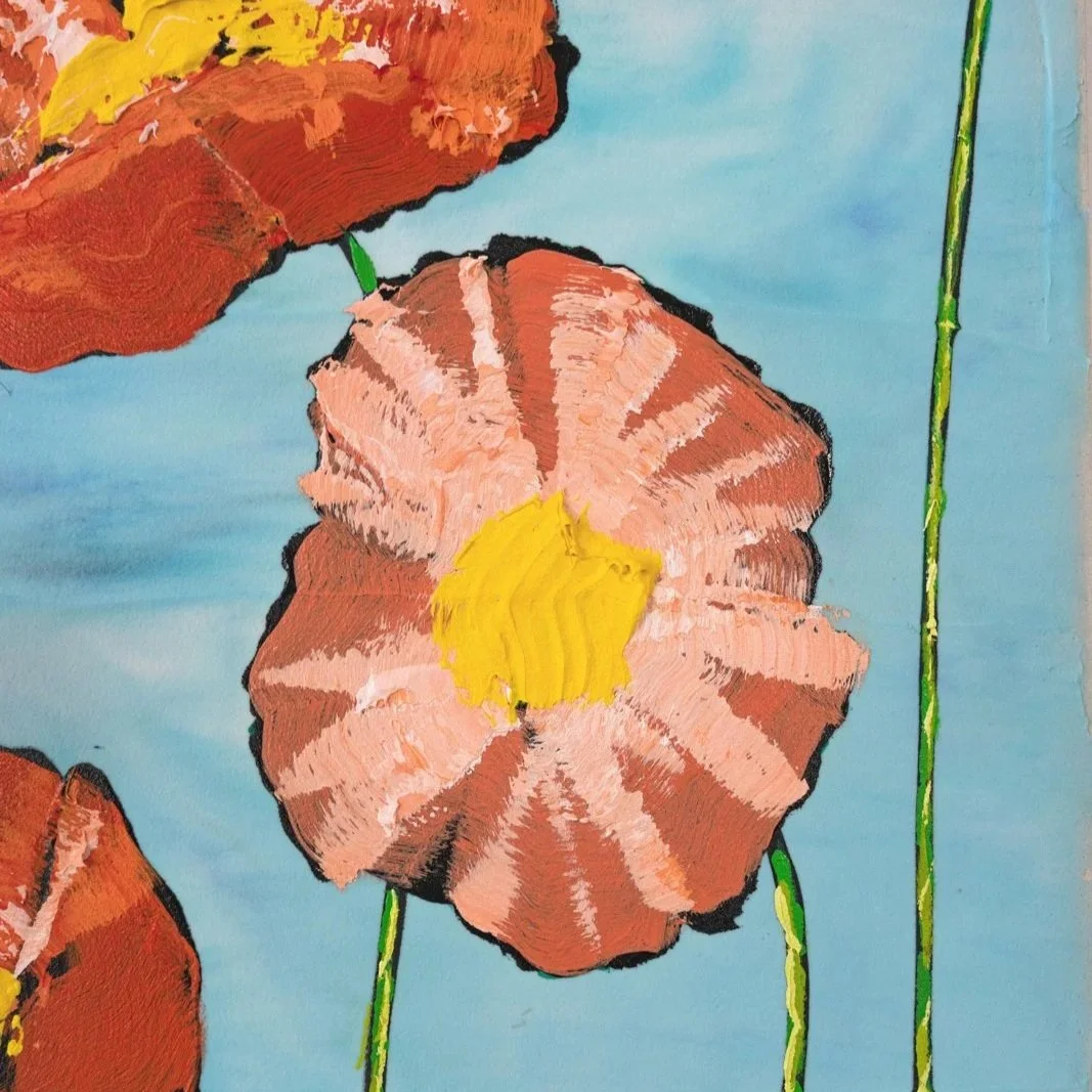 Gallery-ready contemporary floral art with vivid blossoms and a light blue backdrop by Josh Brown.
