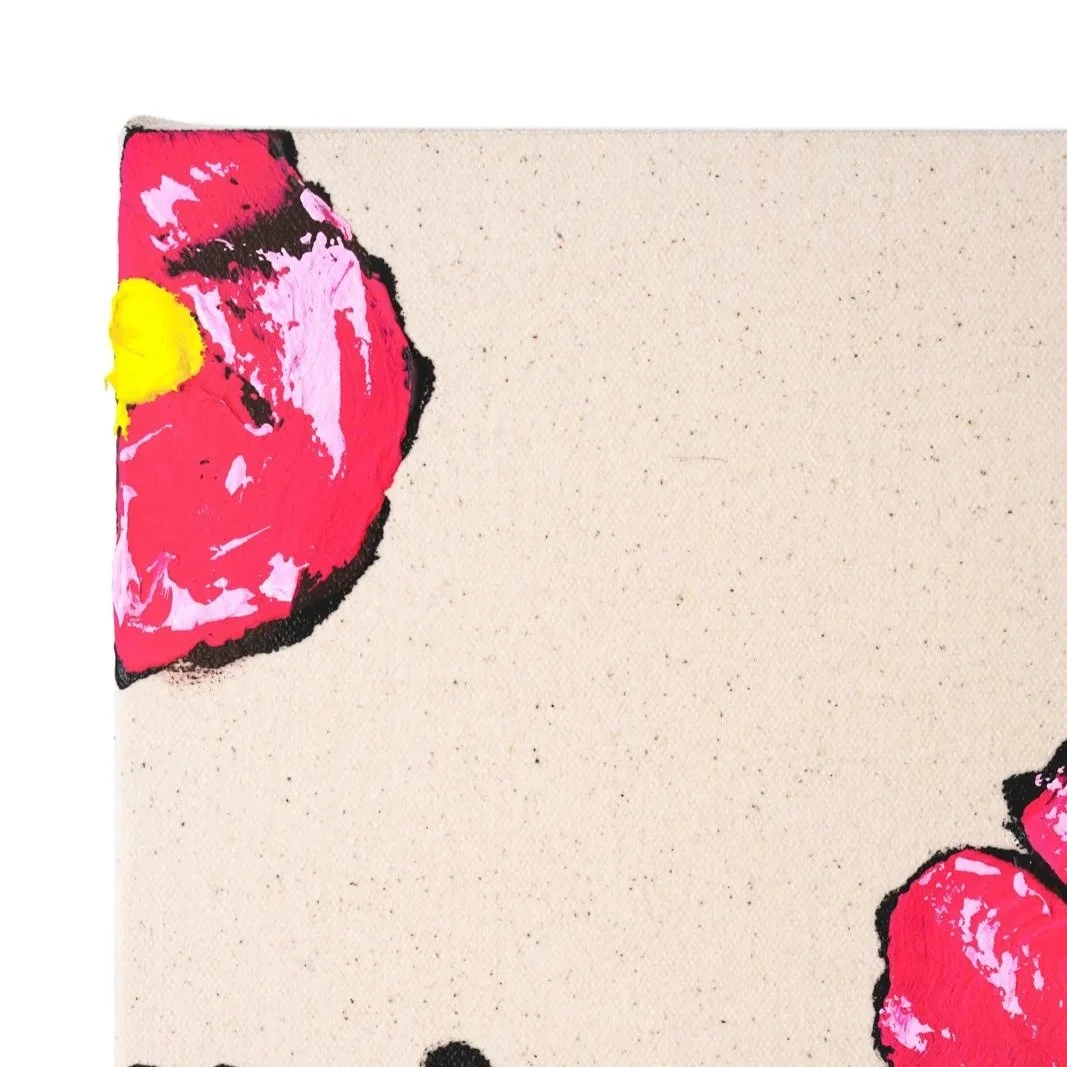 Hand-painted floral artwork with vivid pink blooms against a warm beige background by Josh Brown.