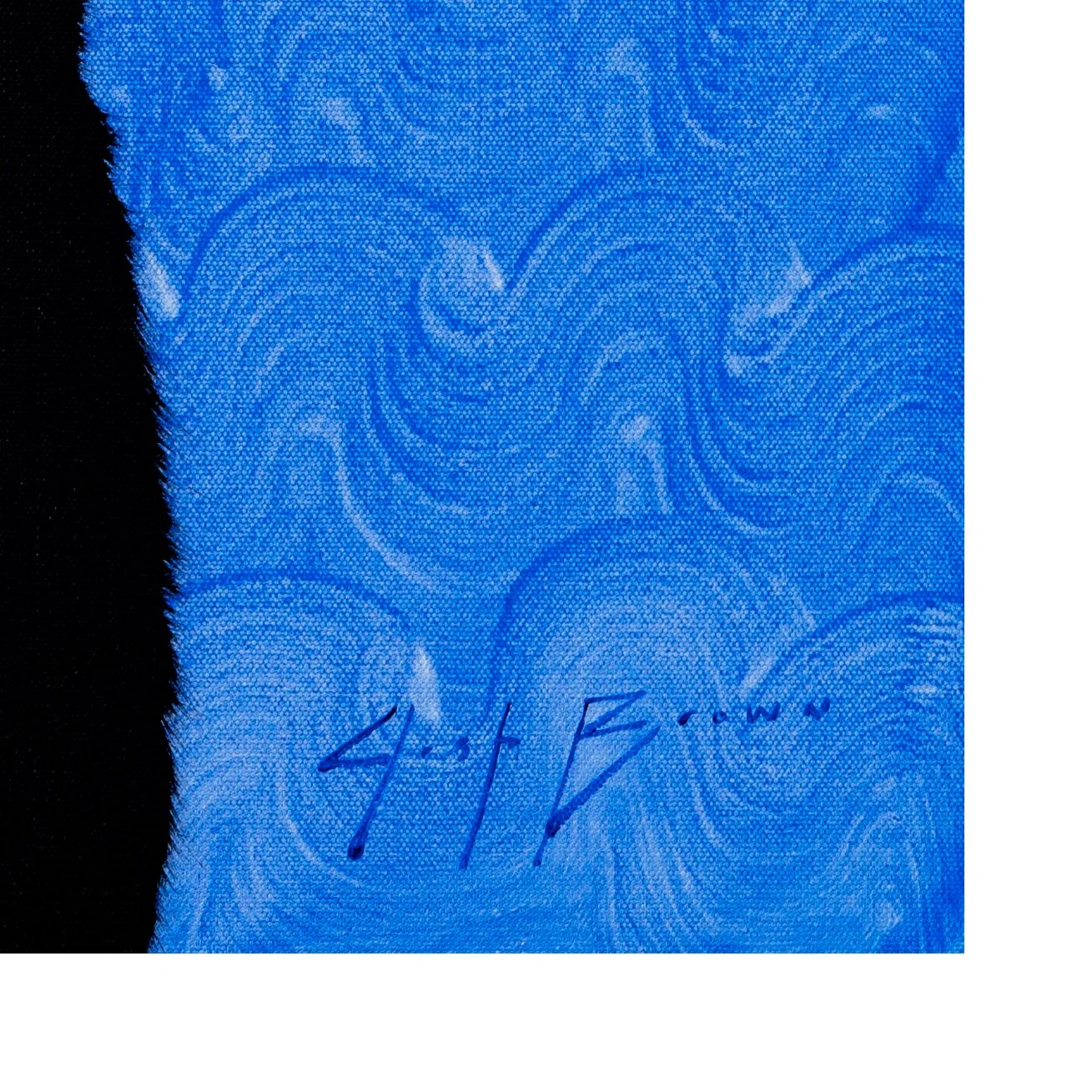 Close-up of expressive black brushwork and feathered edges against layered blue paint in a modern figurative painting by Josh Brown.