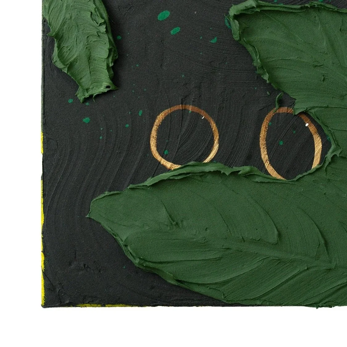 Detail crop showing green foliage painted in heavy acrylic strokes over a deep charcoal ground with eyes peaking through by Josh Brown.