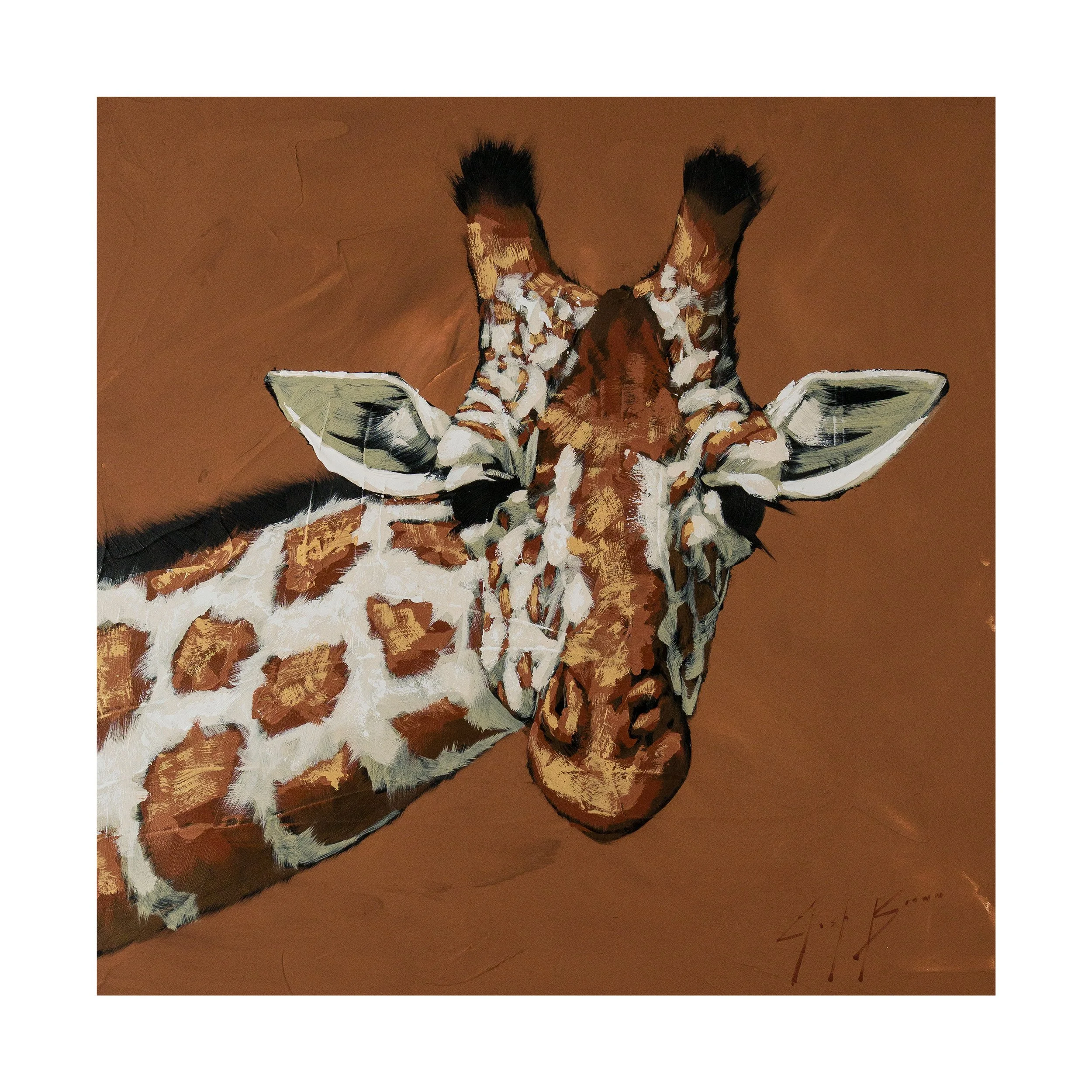 Detail of a giraffe’s face rendered in expressive acrylic brushstrokes against a warm terracotta background by Josh Brown.