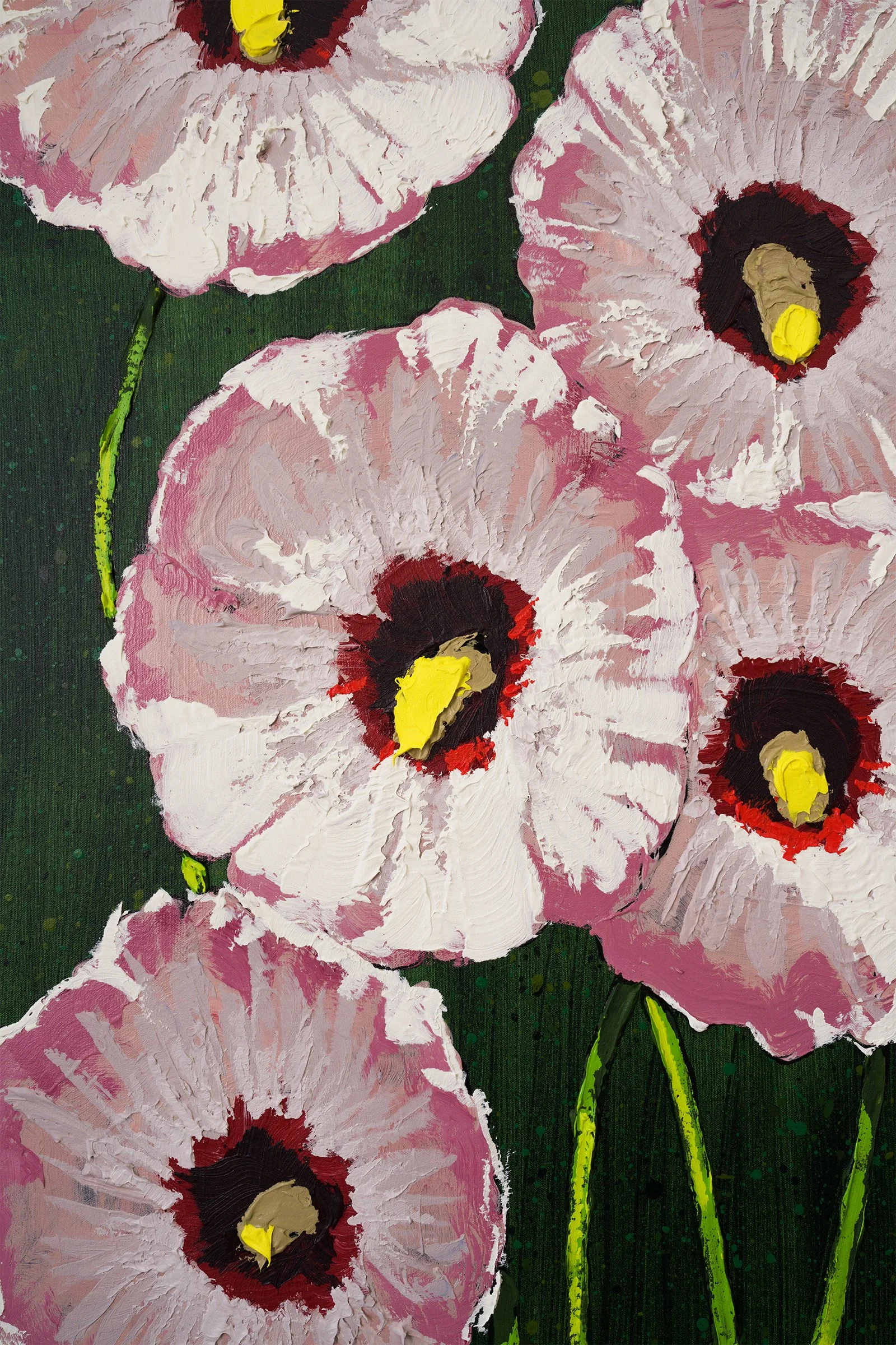 Contemporary floral painting featuring pink hibiscus blossoms with bold brushwork on green by Josh Brown.
