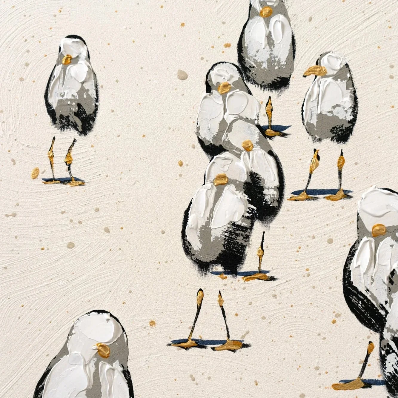 Modern coastal painting with expressive seagulls standing on a light, textured background by New York City based painter Josh Brown.
