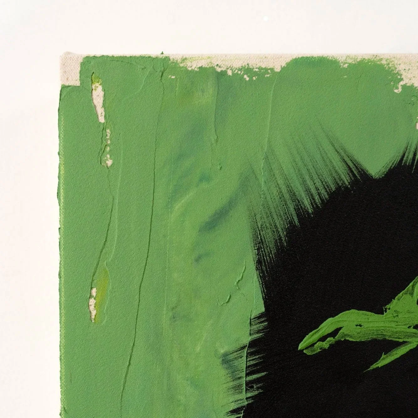 Zoomed-in section emphasizing layered green hues and gestural brushstrokes on a raw canvas surface by Josh Brown.