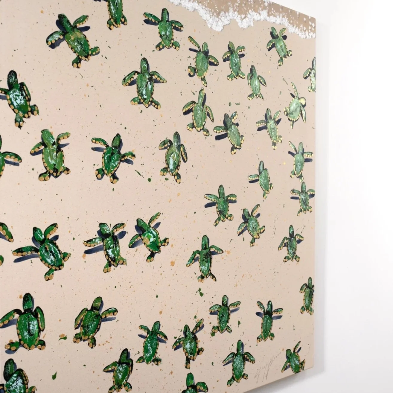 Whimsical sea turtle painting with patterned turtles against a soft neutral ground