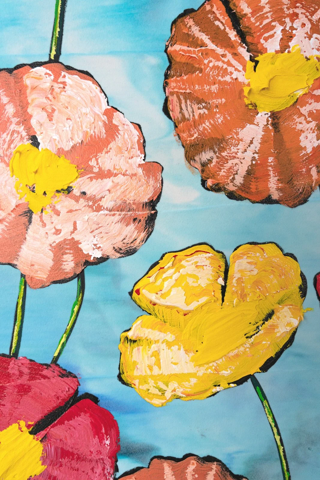 Abstract-inspired floral painting emphasizing movement, color, and joyful composition by Josh Brown.