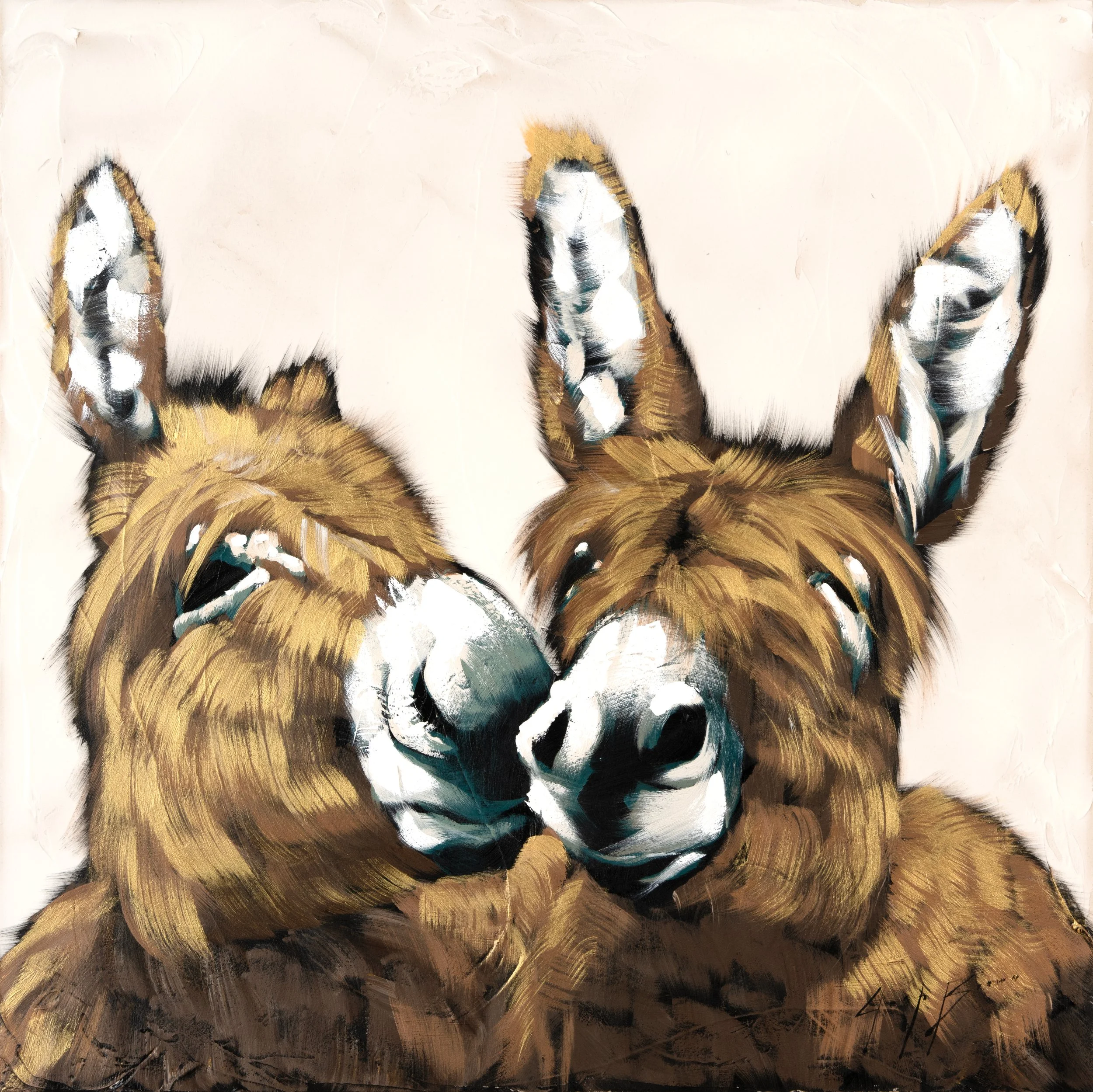 Original acrylic painting of two donkeys nestled together in warm golden tones, rendered with refined, expressive brushwork. Contemporary wildlife art created with archival materials for discerning collectors.