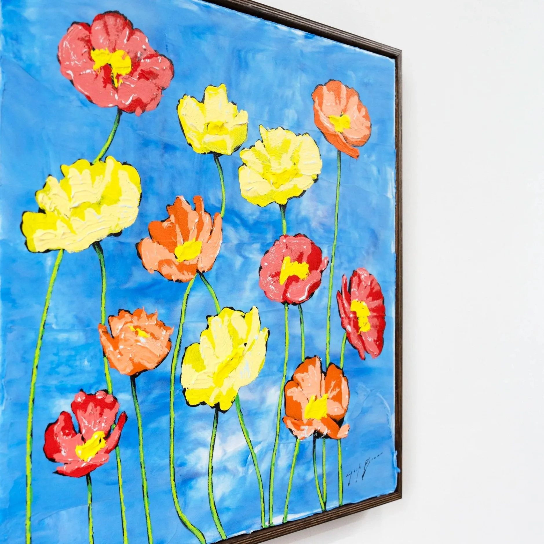 Original framed floral artwork combining joyful color, texture, and modern design by New York City based painter Josh Brown.