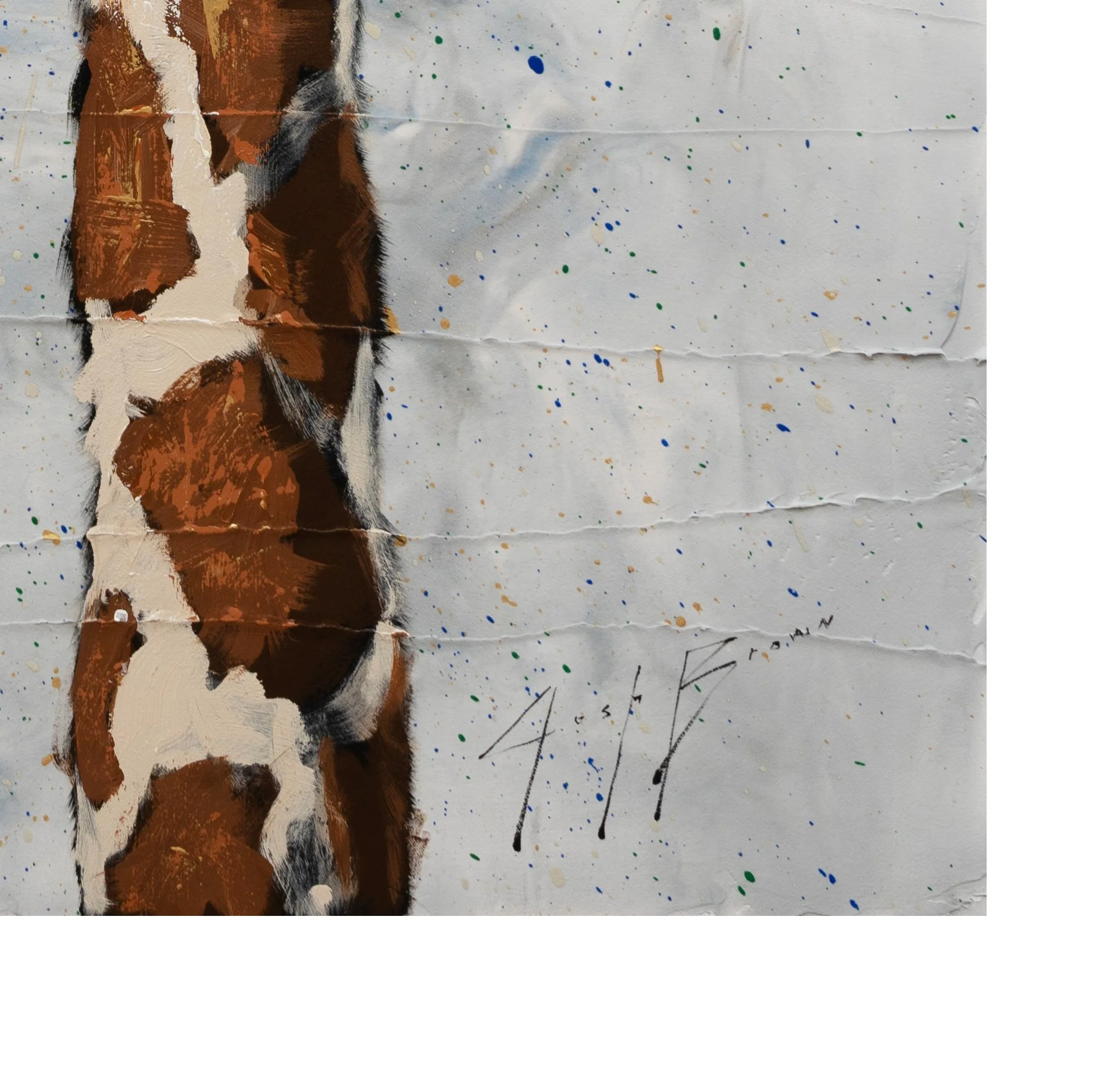 Detail crop highlighting the elongated neck and patterned markings in a contemporary giraffe painting by Josh Brown.