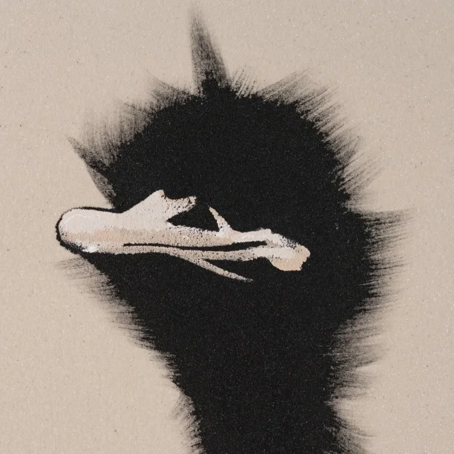 Detail crop focusing on contrast, spacing, and symbolic bird imagery in contemporary art by Josh Brown.
