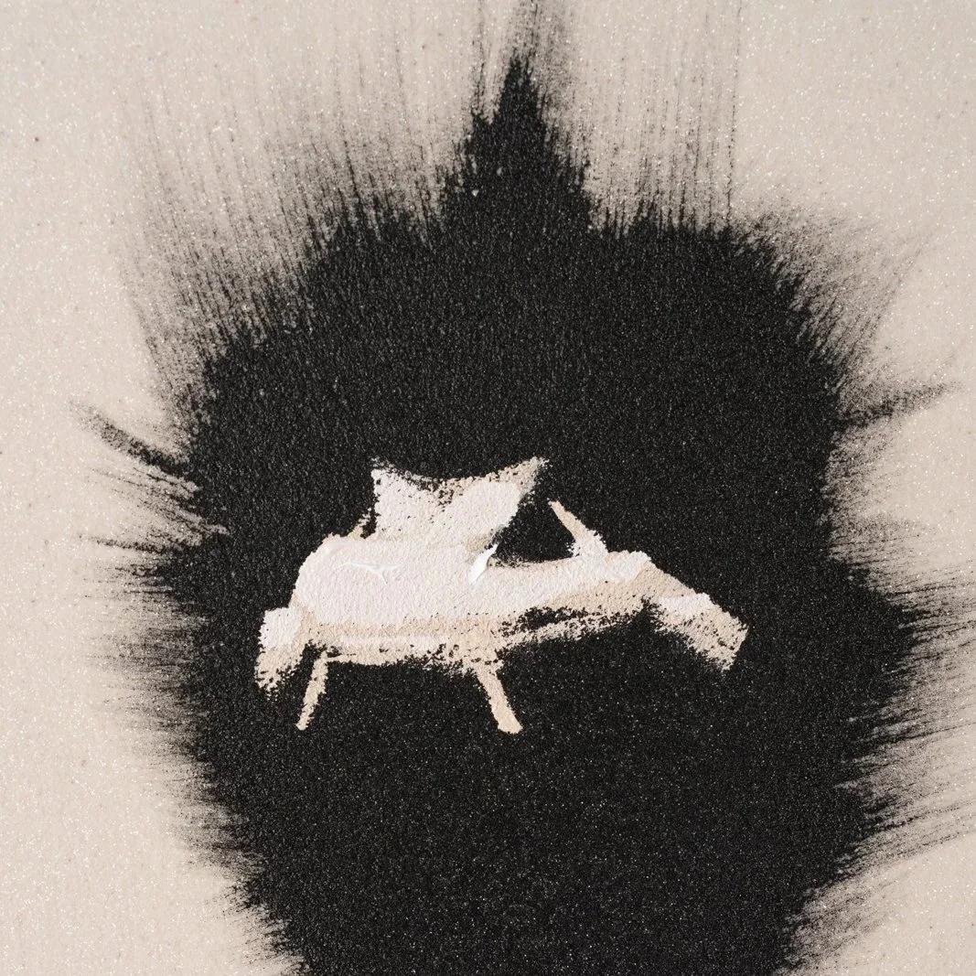 Zoomed-in view of ostrich forms resting atop dark ostrich silhouettes in contemporary fine art by Josh Brown.