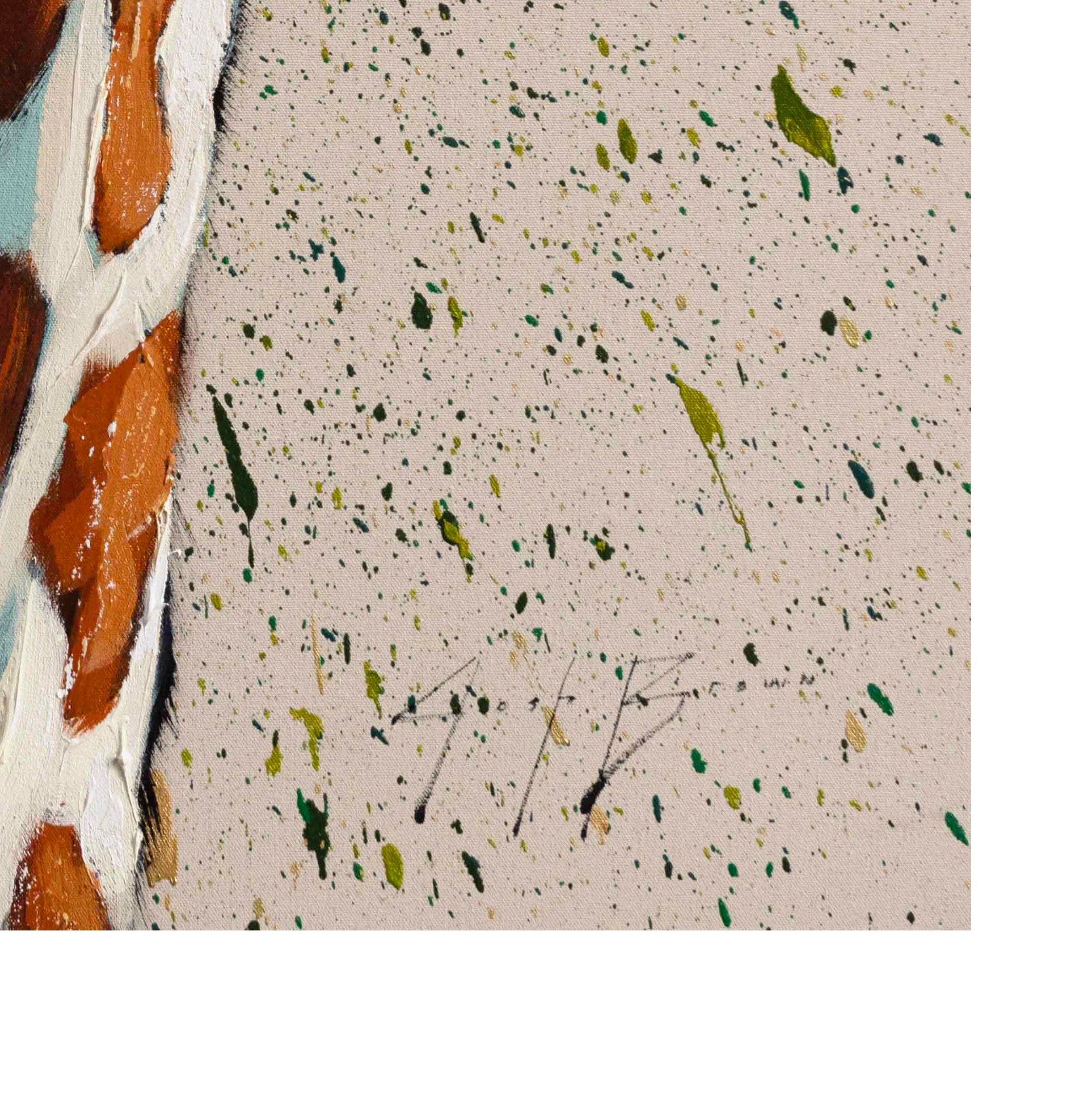 Close-up of a giraffe’s face showing thick acrylic texture and layered warm brown and white tones.