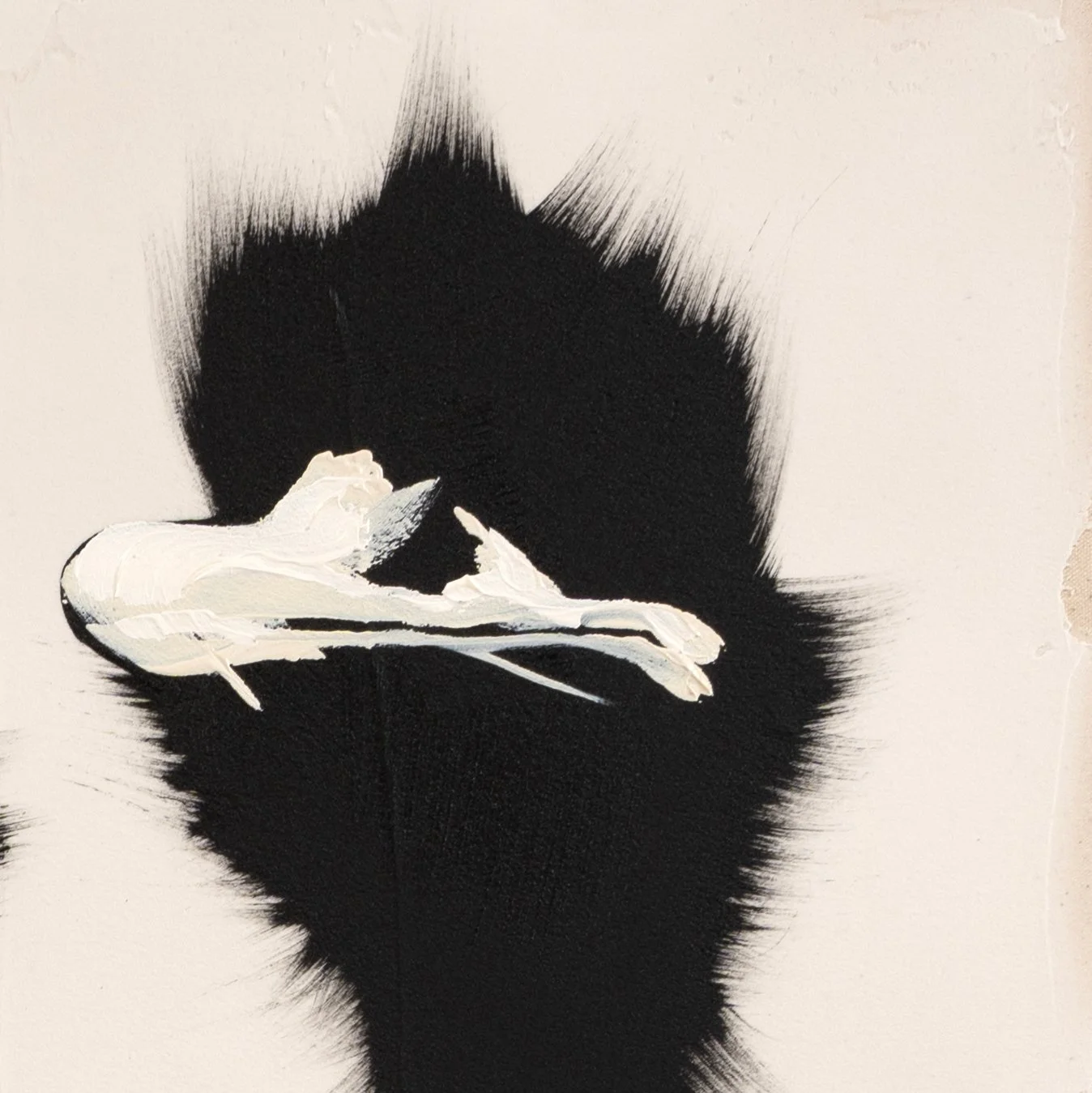 Close-up of feathered black textures suggesting movement and rhythm in a contemporary fine art painting by Josh Brown.