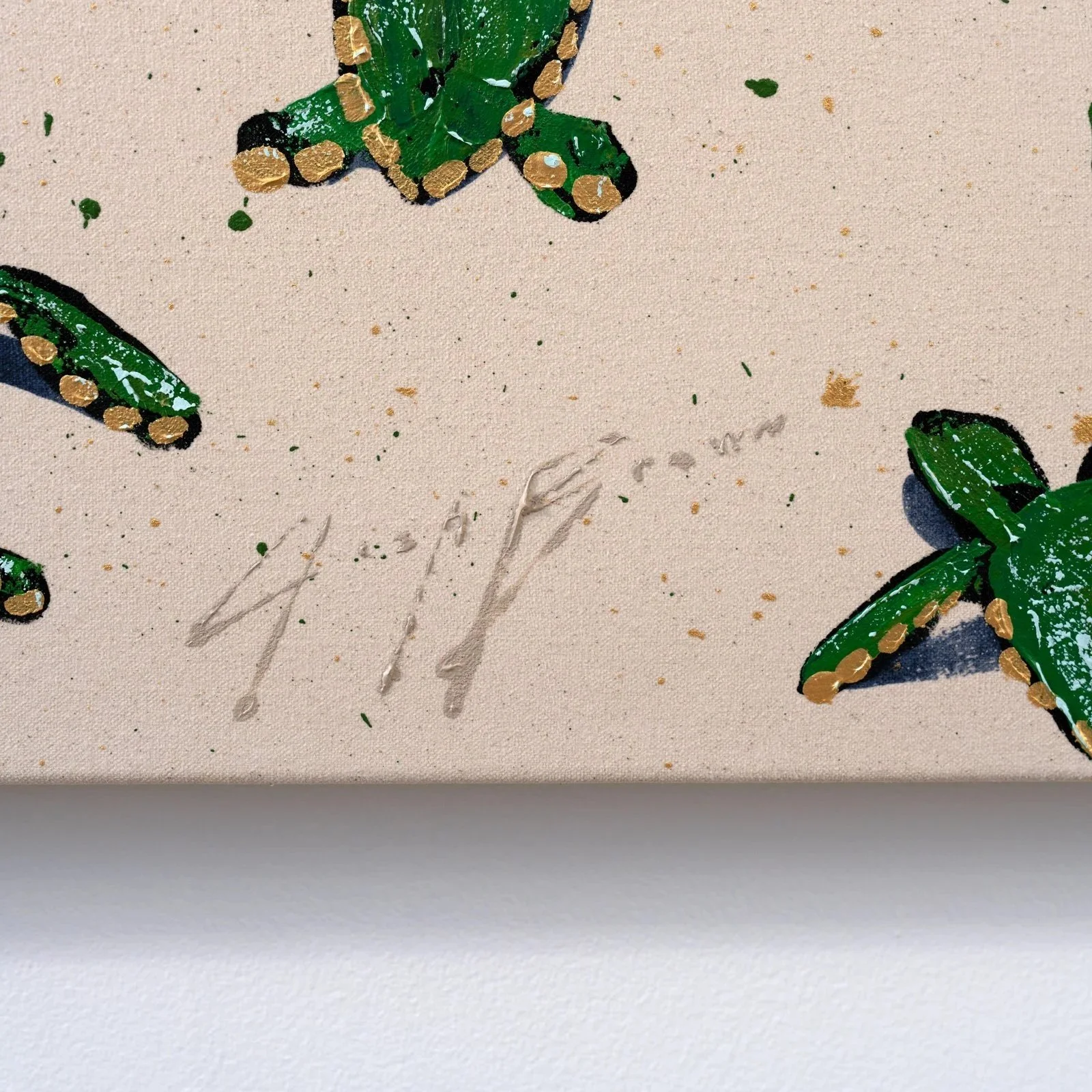 Modern acrylic artwork featuring repeating sea turtles moving toward the shoreline featuring the artist's signature by Josh Brown.