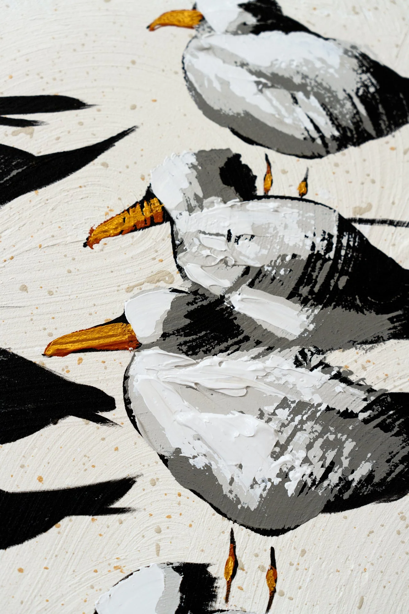 Stylized coastal bird painting showing seabirds standing and walking across sand by New York City based painter Josh Brown cropped to reveal three birds.