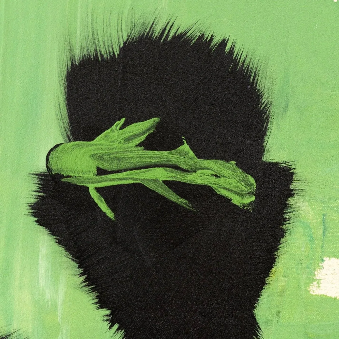 Detail crop focusing on an ostrich head with soft feathered edges against a vibrant green background in a minimalist contemporary painting by Josh Brown.
