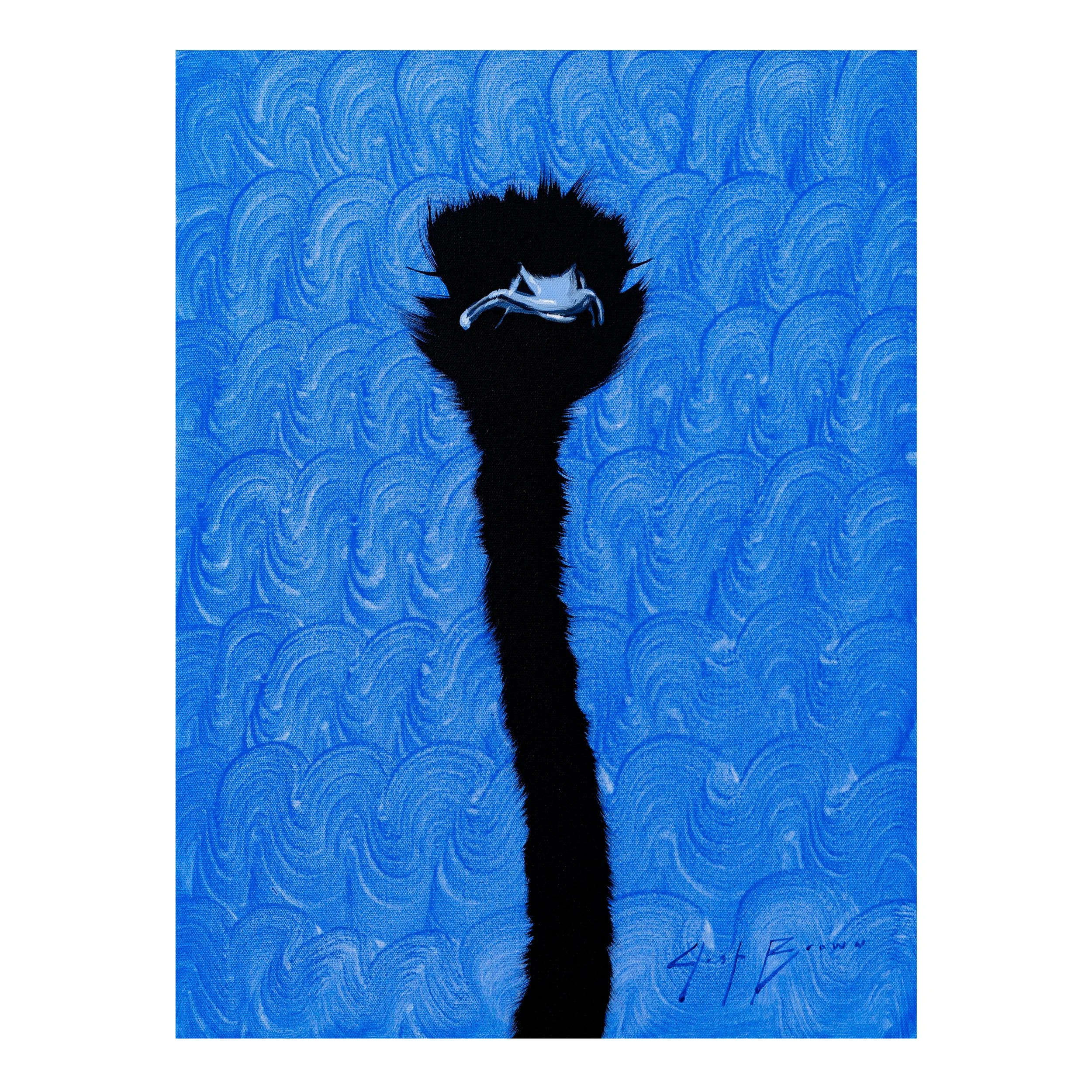 Detail of a black ostrich silhouette rising through a richly textured ultramarine blue background and beak in a contemporary figurative animal painting by Josh Brown.