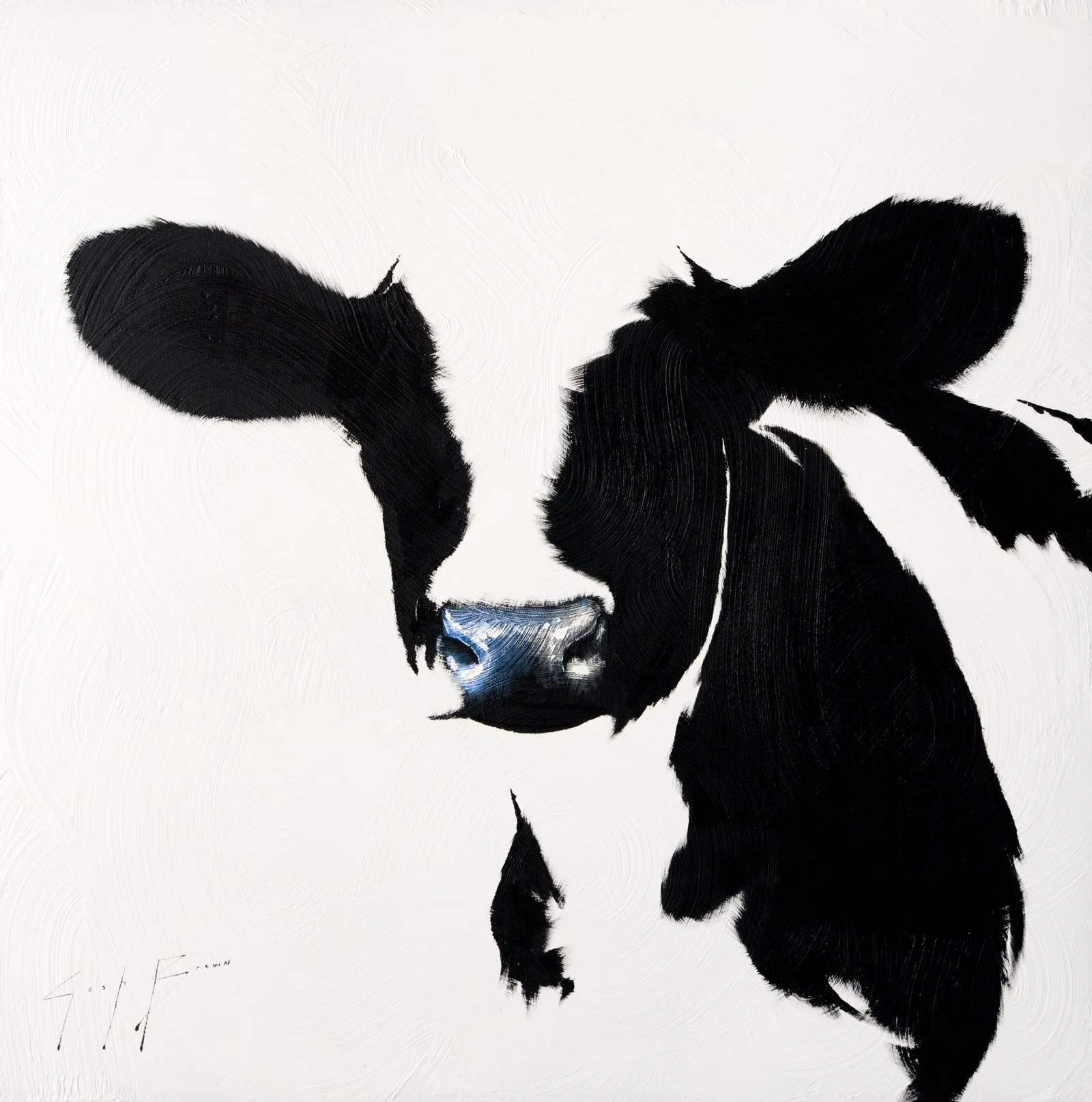 Original acrylic painting of a minimalist calf emerging from bold black brushstrokes on a textured white background. Contemporary animal fine art for collectors seeking refined, modern statement paintings.