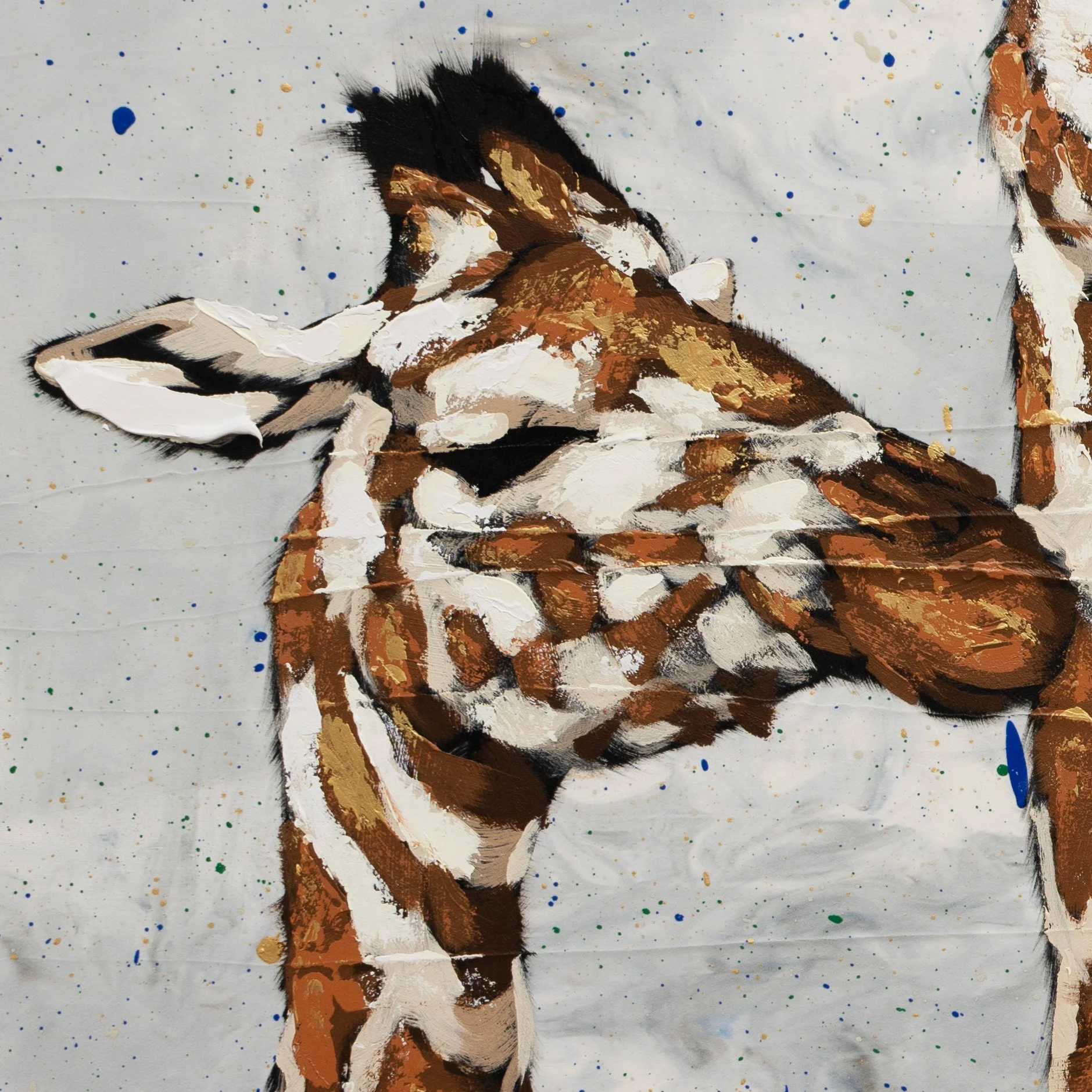 Detail showing playful character and movement in a contemporary giraffe portrait by Josh Brown.