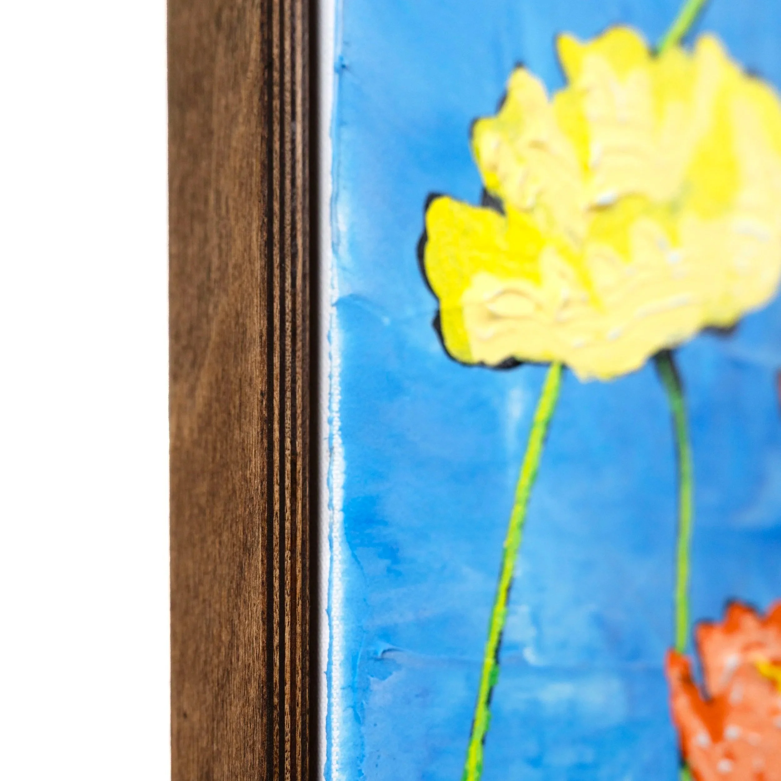 Hand-painted floral artwork designed to bring color and energy to modern interiors with a hand-made float frame by New York City painter Josh Brown.